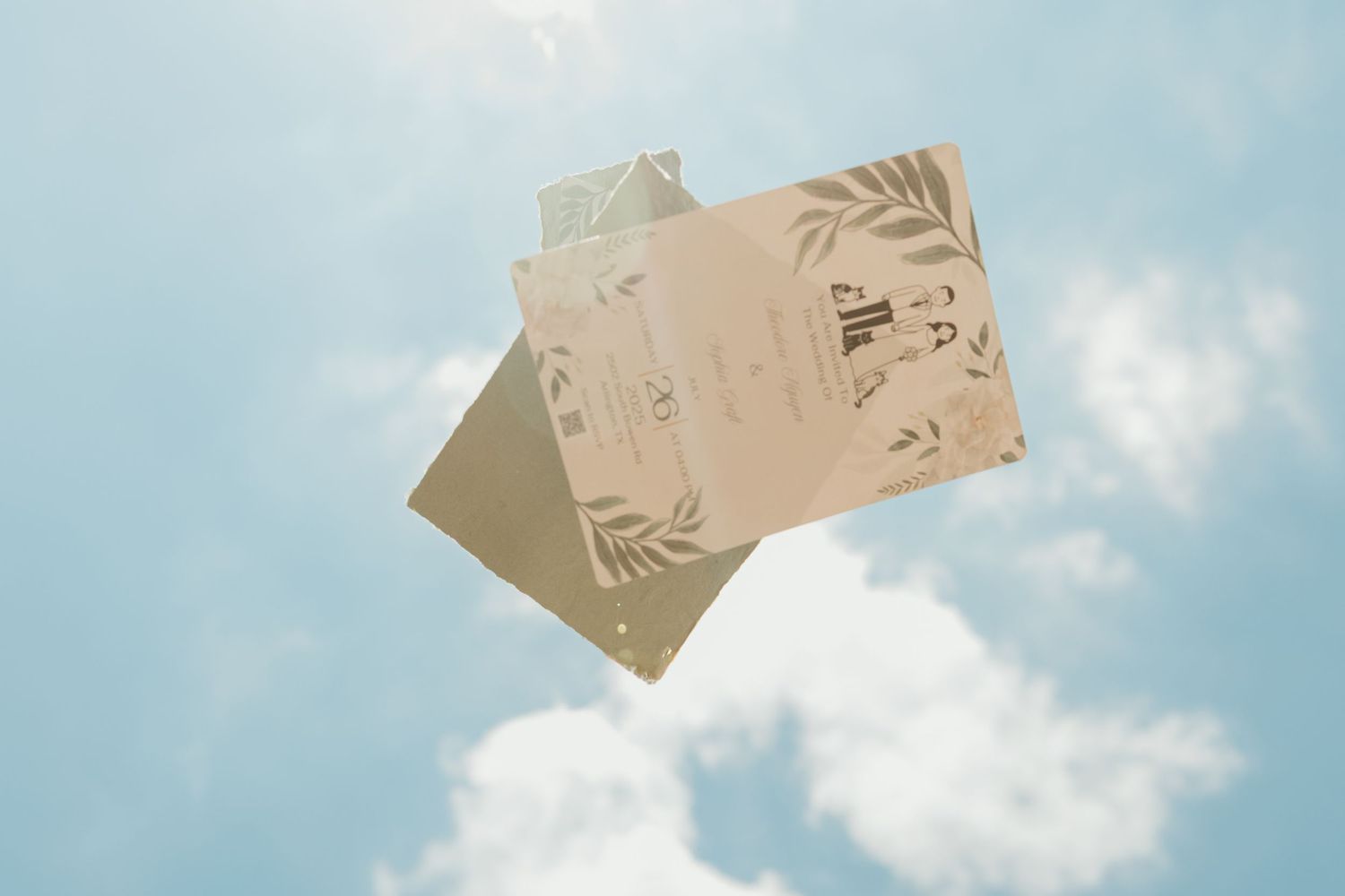 Two floating paper bags photographed against a bright blue sky and white fluffy clouds on a sunny day.