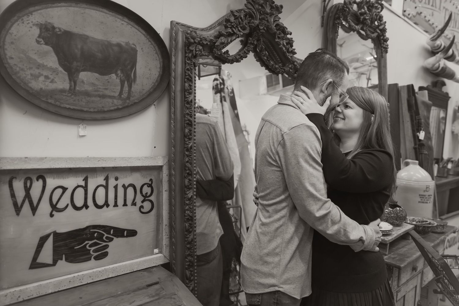 A collage of black and white wedding photographs showing various moments from a vintage celebration.
