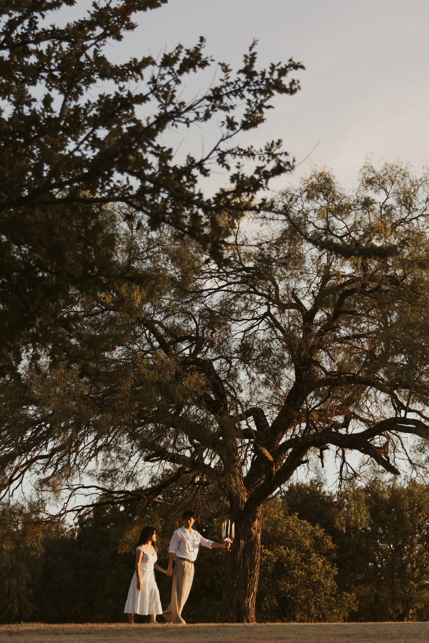 Couple standing together against a sunset backdrop with silhouetted trees.