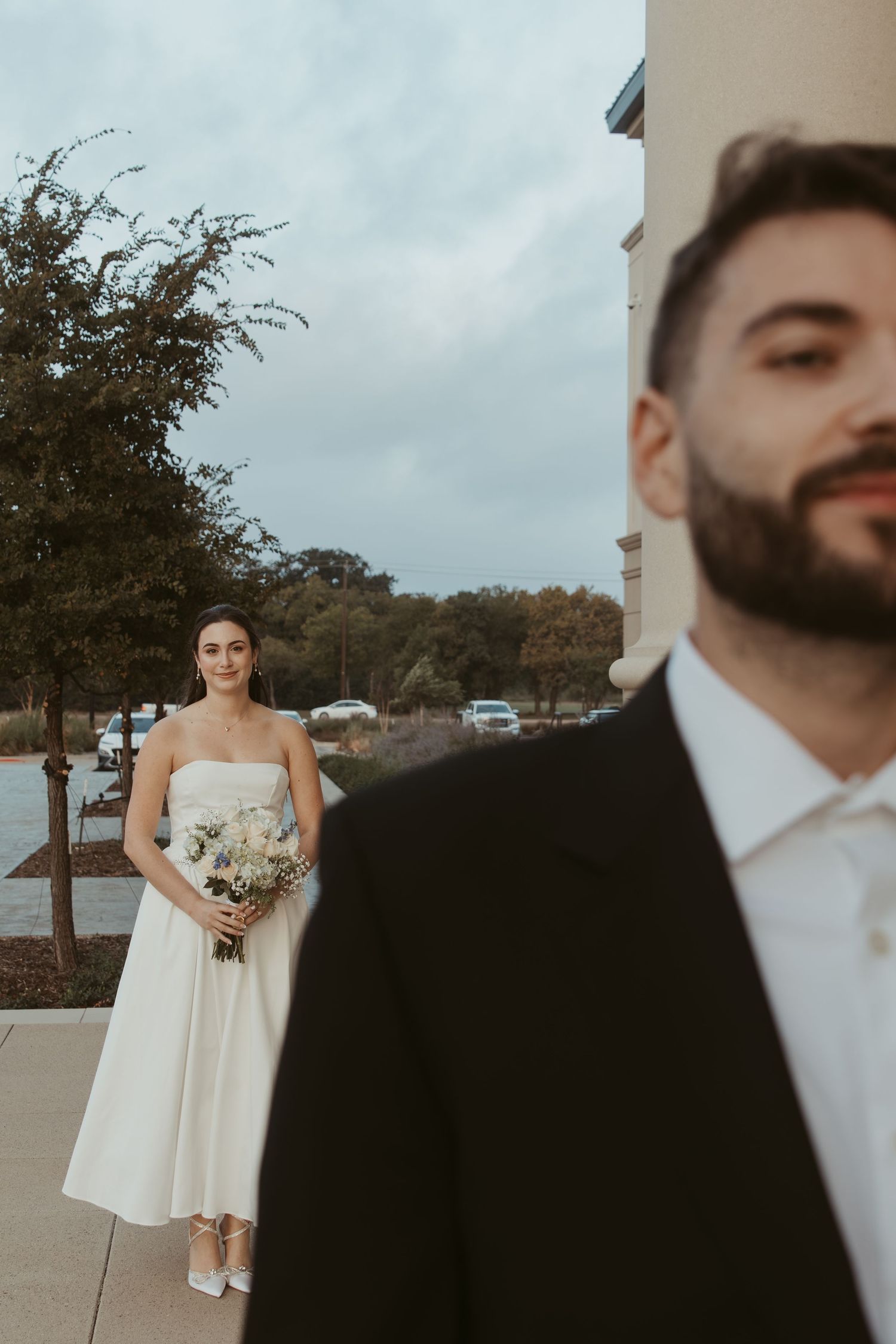 A series of wedding photos showing a bride in white dress and groom in black suit in an outdoor setting.