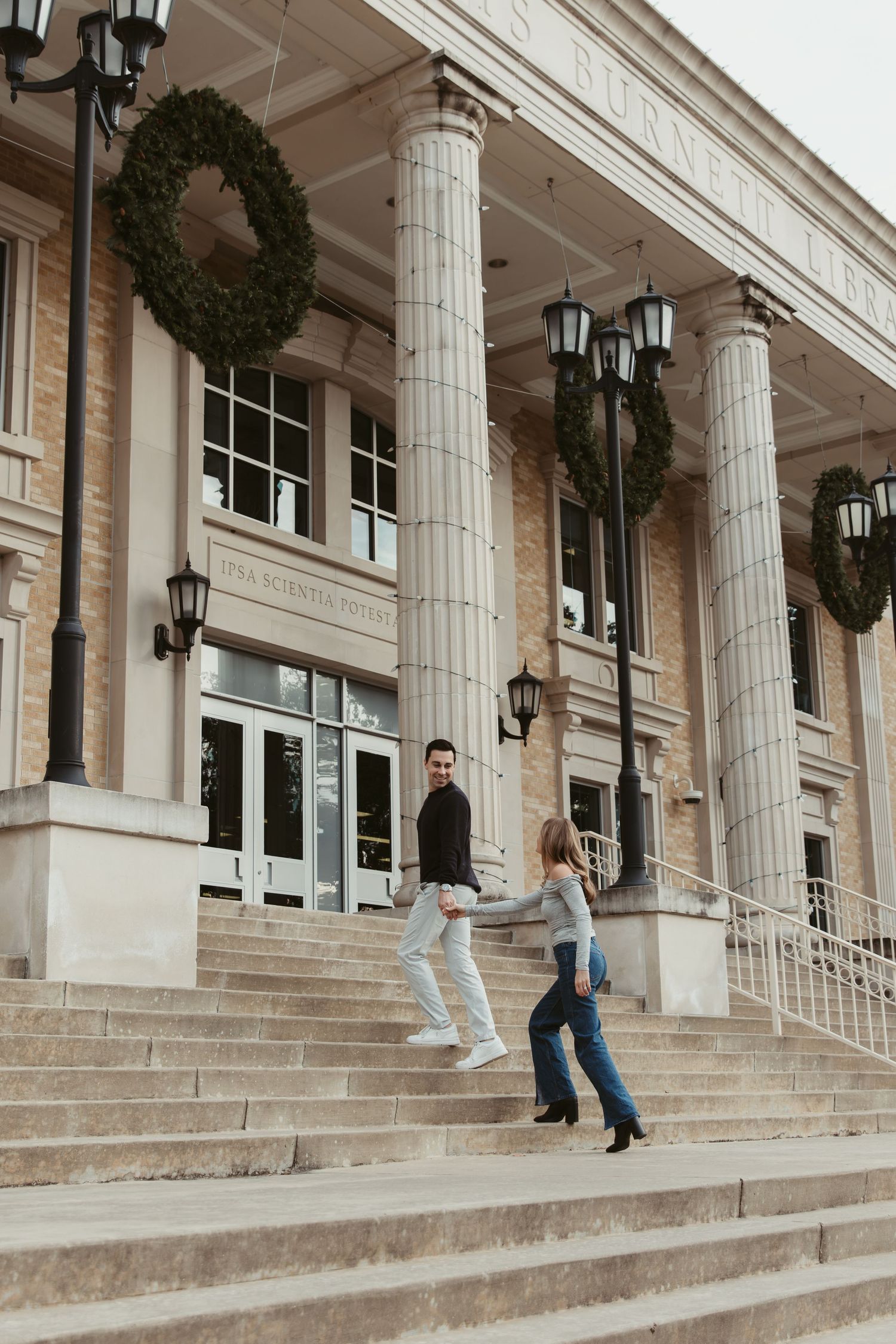 Candid engagement photos on TCU campus Fort Worth