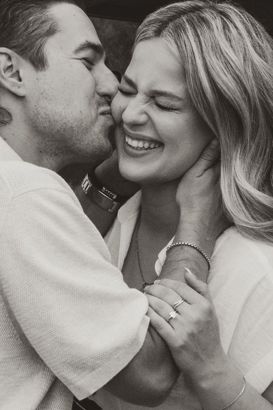 Black and white romantic close-up portraits of couple showing tender intimate moments and affection.