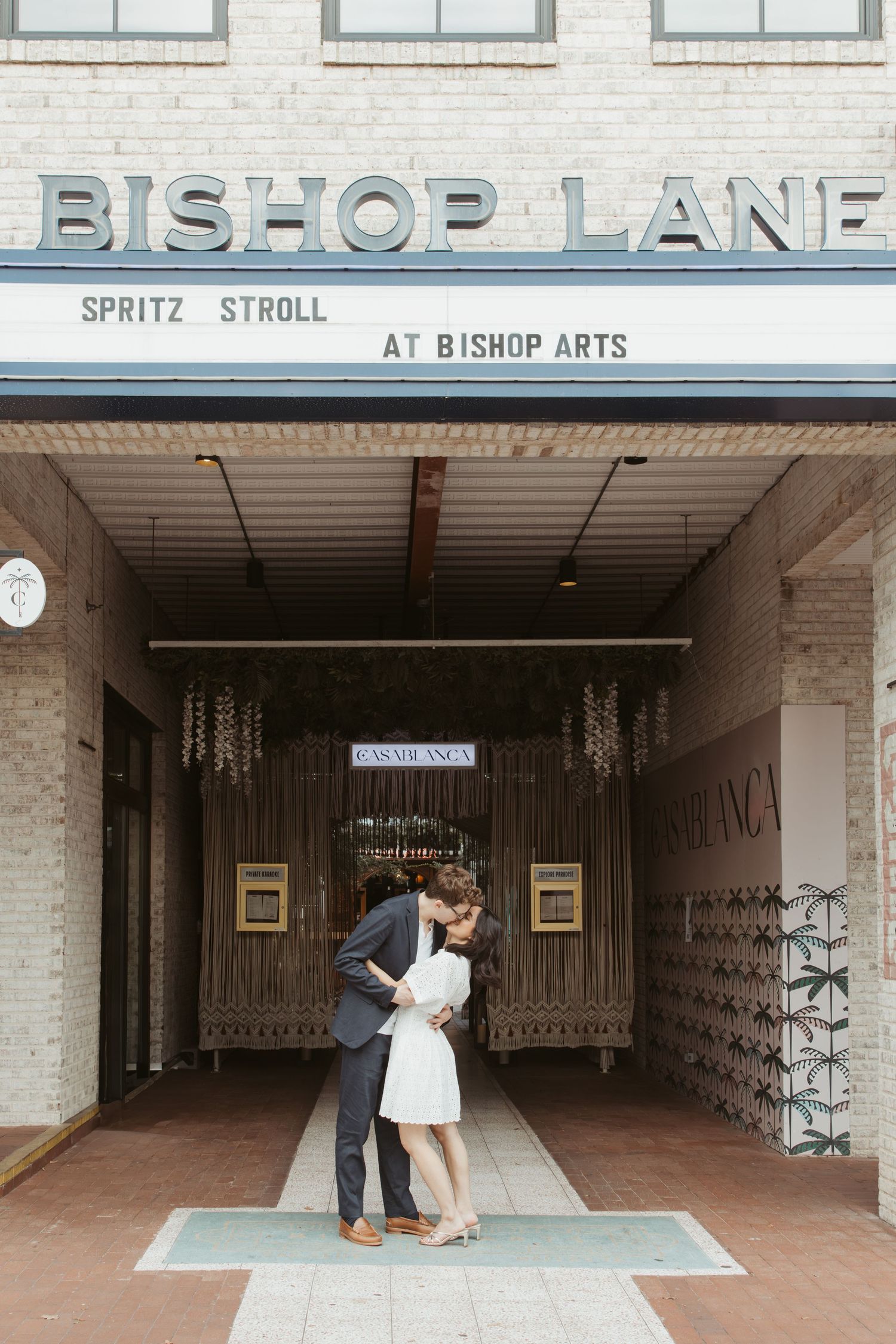 A series of five similar photos showing a couple in formal attire posing in a minimalist white corridor with 'Bishop Lane' signage.