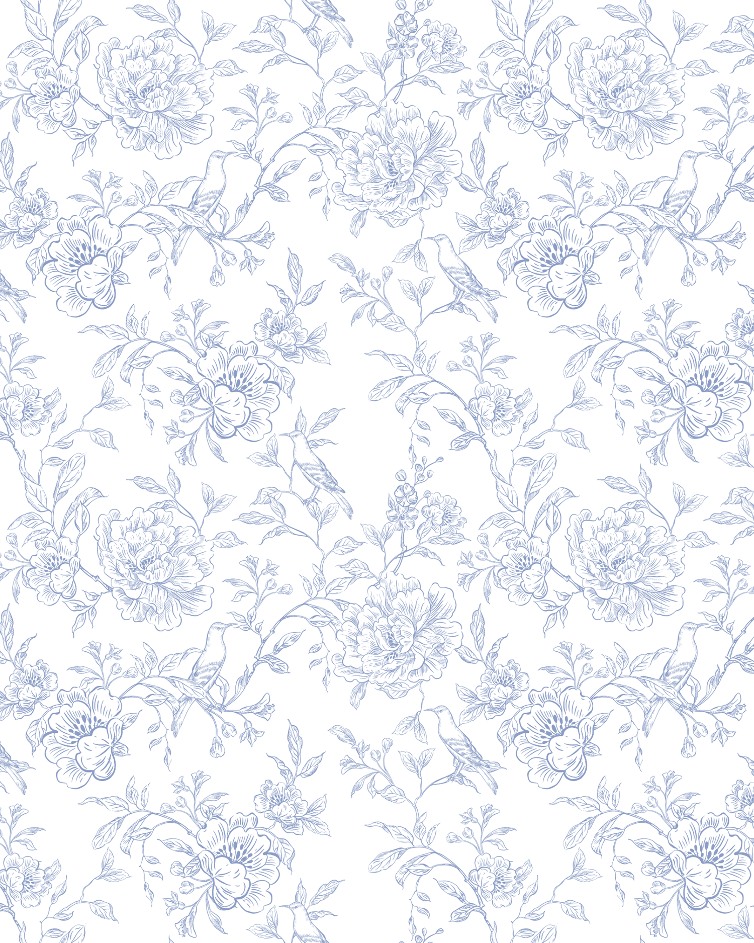 Delicate light blue floral pattern with peony blooms and vines on white background in vintage toile style.