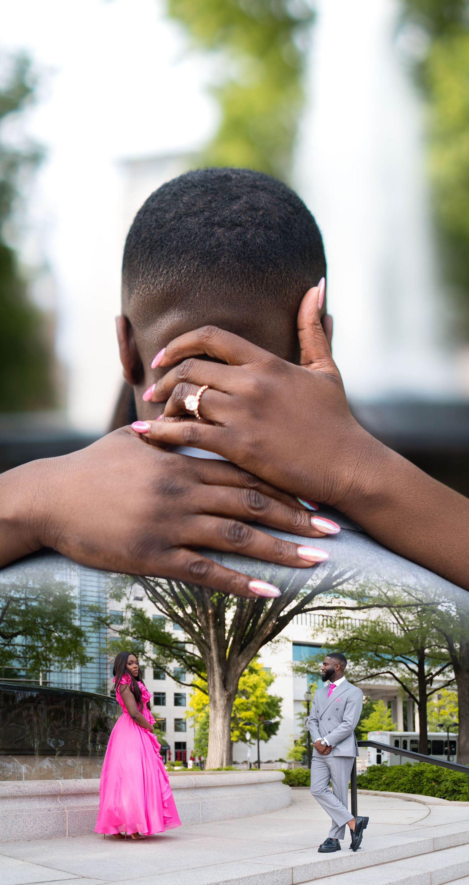 Couple engagement photo collage showing close-up of hands with ring and full-length portrait in pink gown and gray suit outdoors.