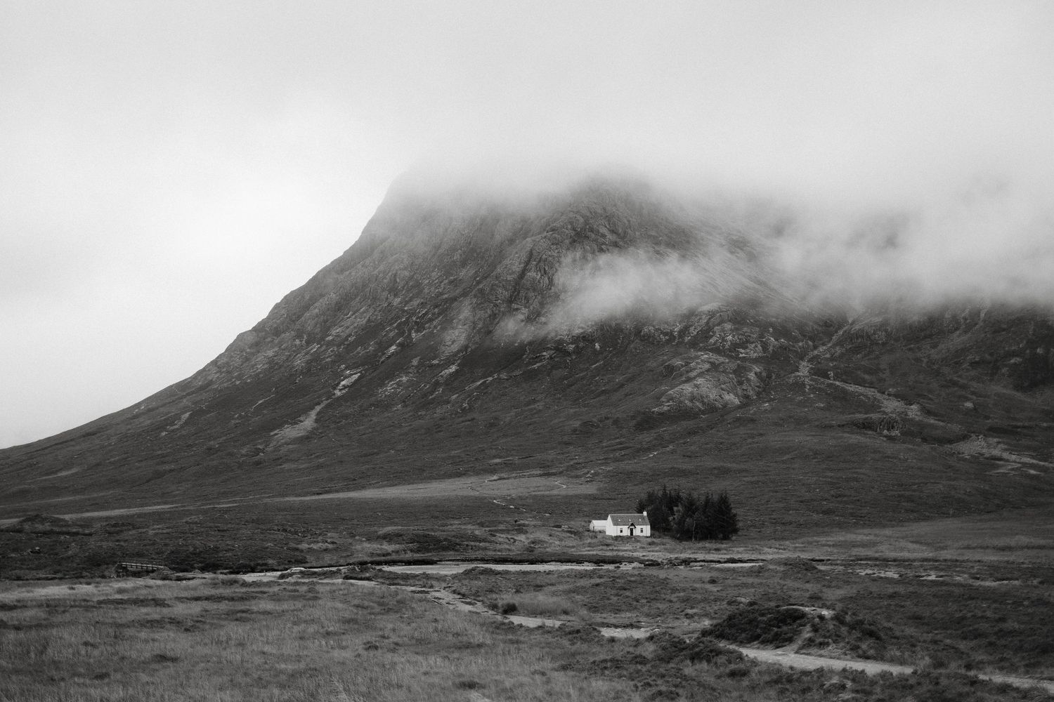 Wee White House Black and White Mountain and Fog