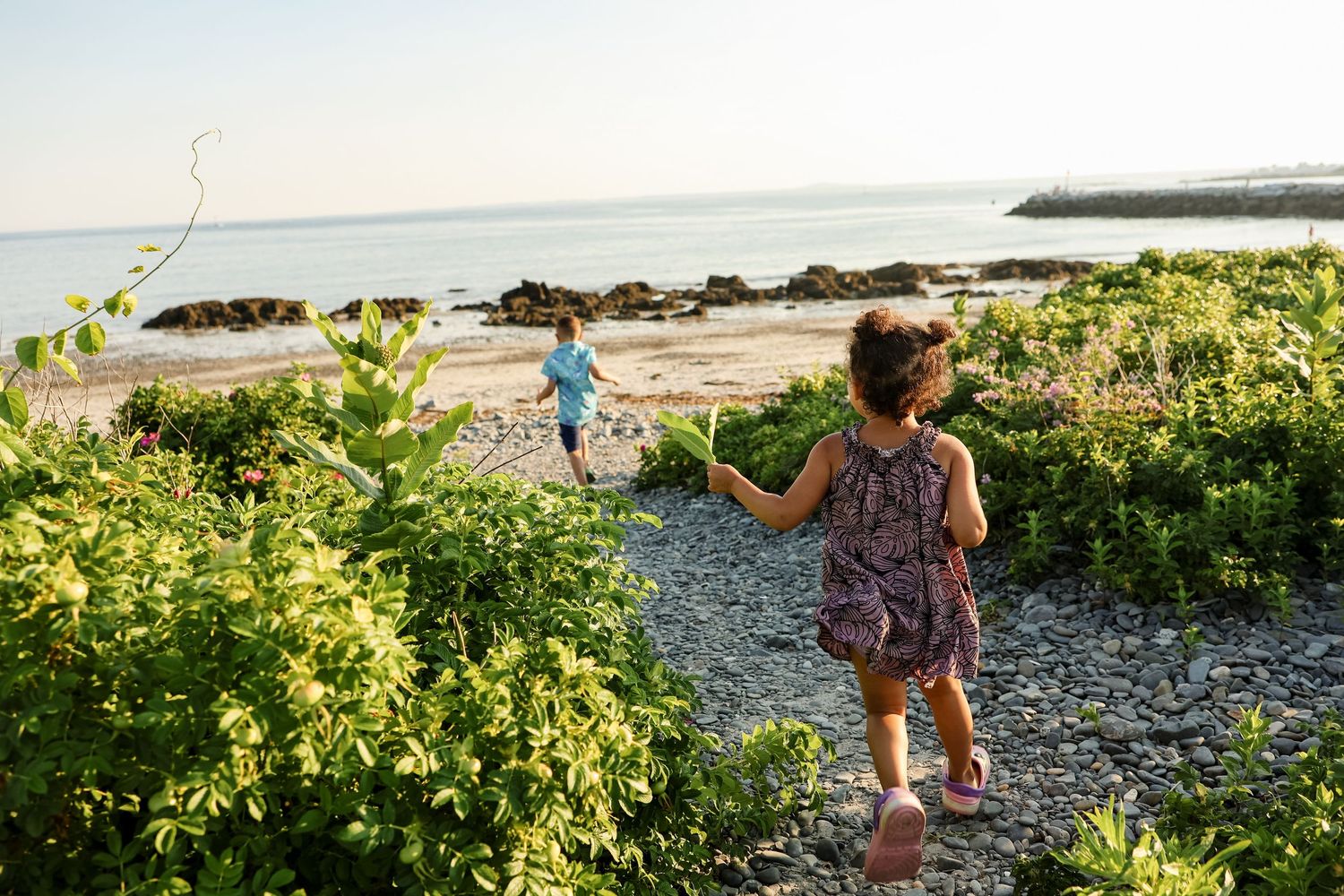 Two children playing on a rocky beach path surrounded by lush green plants with calm ocean waters in the background.