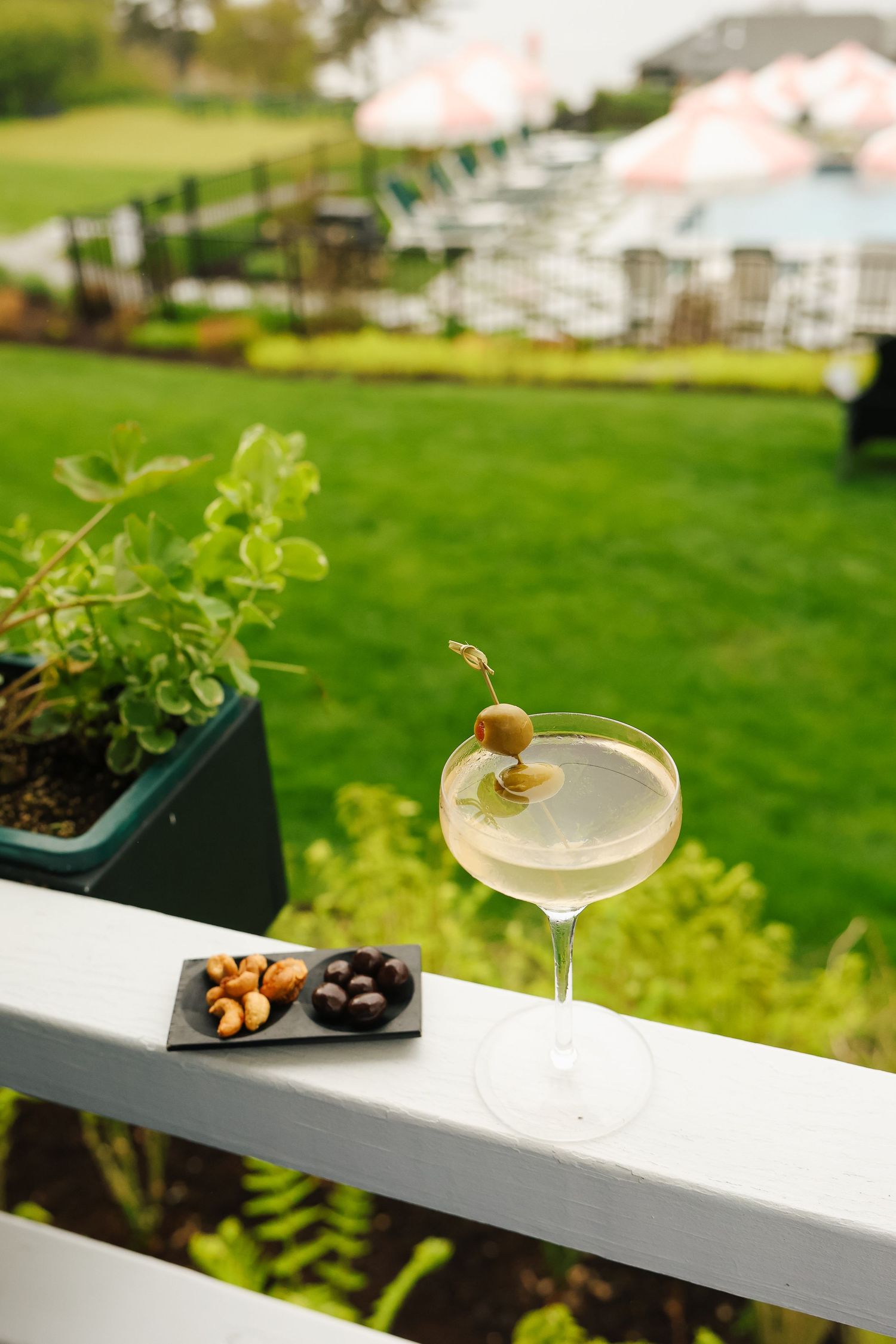 Elegant martini with olive garnish on white railing, beside mixed nuts and chocolates, overlooking lush green garden.