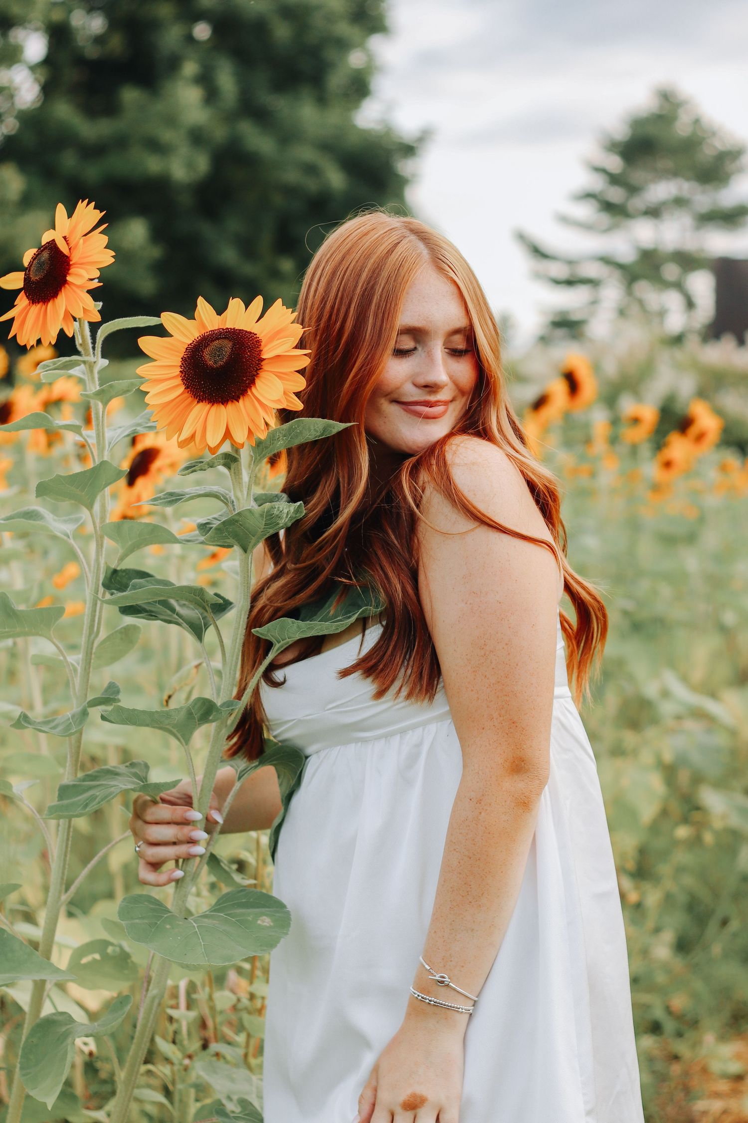 A solo female summer portrait session in a blooming sunflower field with golden light.