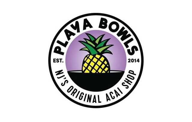 Playa Bowls logo featuring a pineapple, established 2014, NJ's Original Acai Shop, circular badge design.