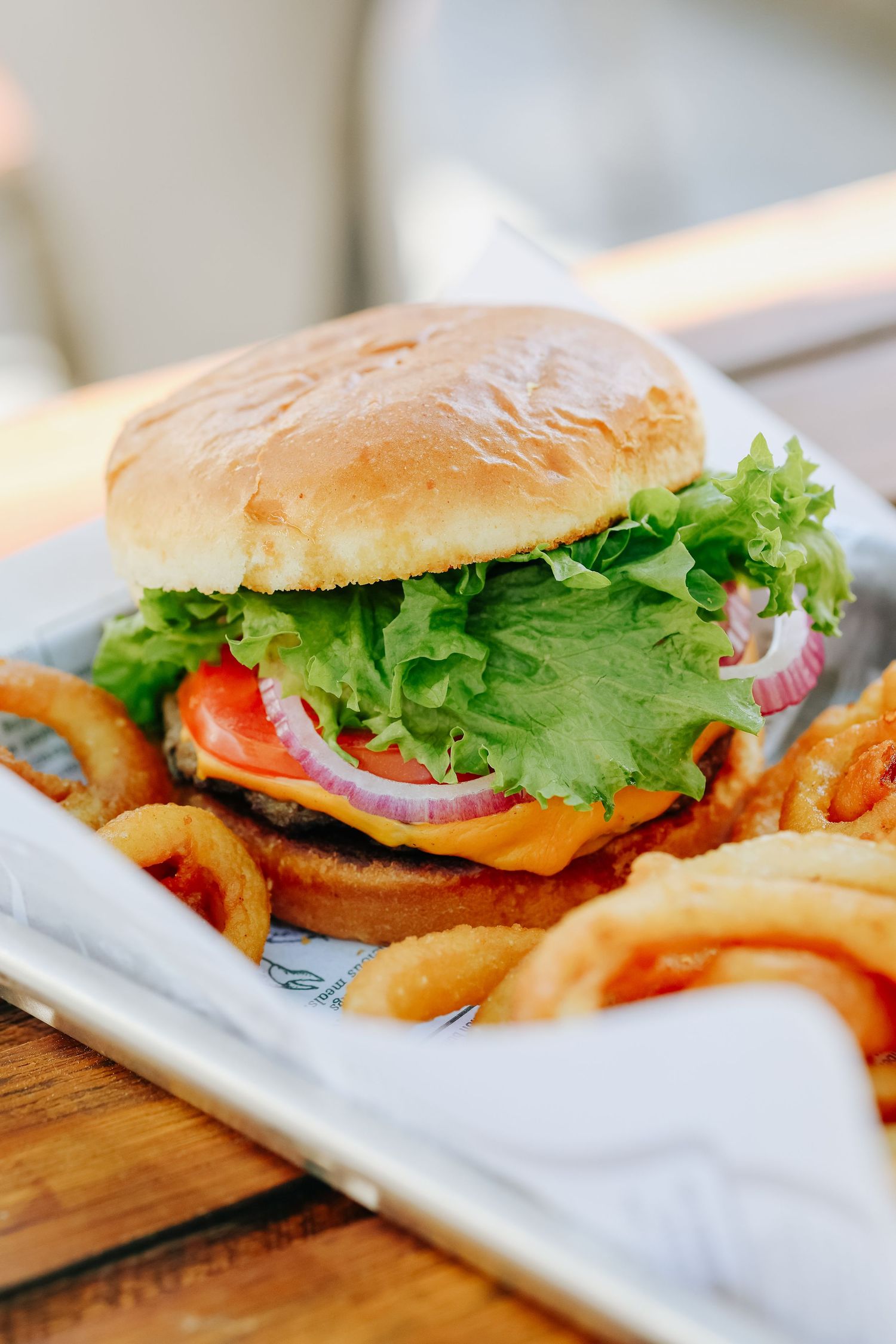 Burger with lettuce, tomato and onions served with crispy fries on marble board photographed for Ogunquit restaurant marketing