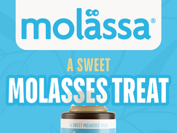 Molassa brand sweet molasses treat product jar displayed on a light blue background with bold text advertising.