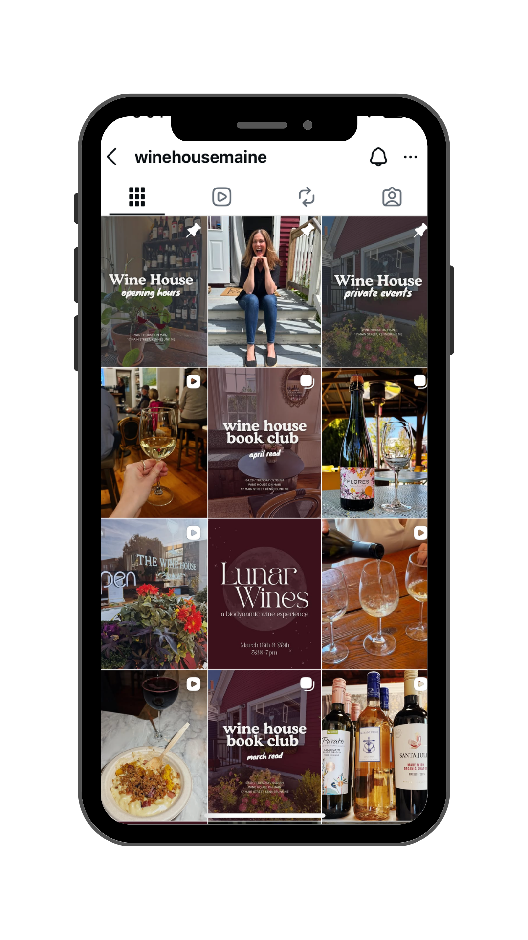 Instagram grid of Wine House Maine showing wine events, book club posts, and Lunar Wines promotion on a smartphone screen.