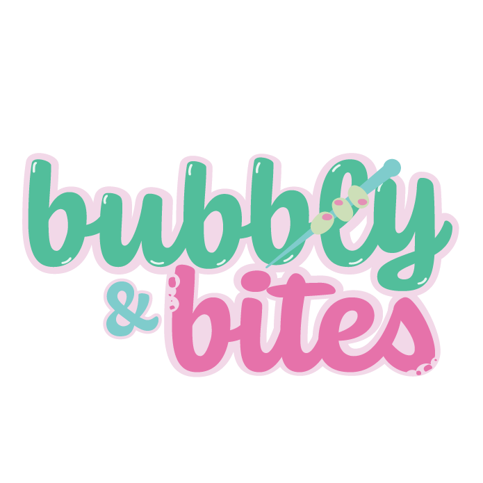 Bubbly & Bites logo with green cursive and pink bold text on a white background.