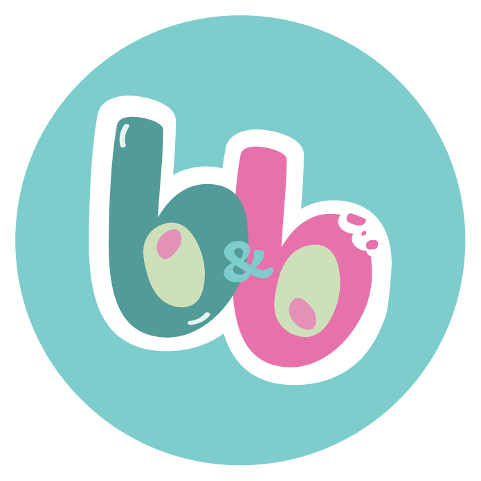 Colorful b&b logo with teal and pink letters on a teal circle background.