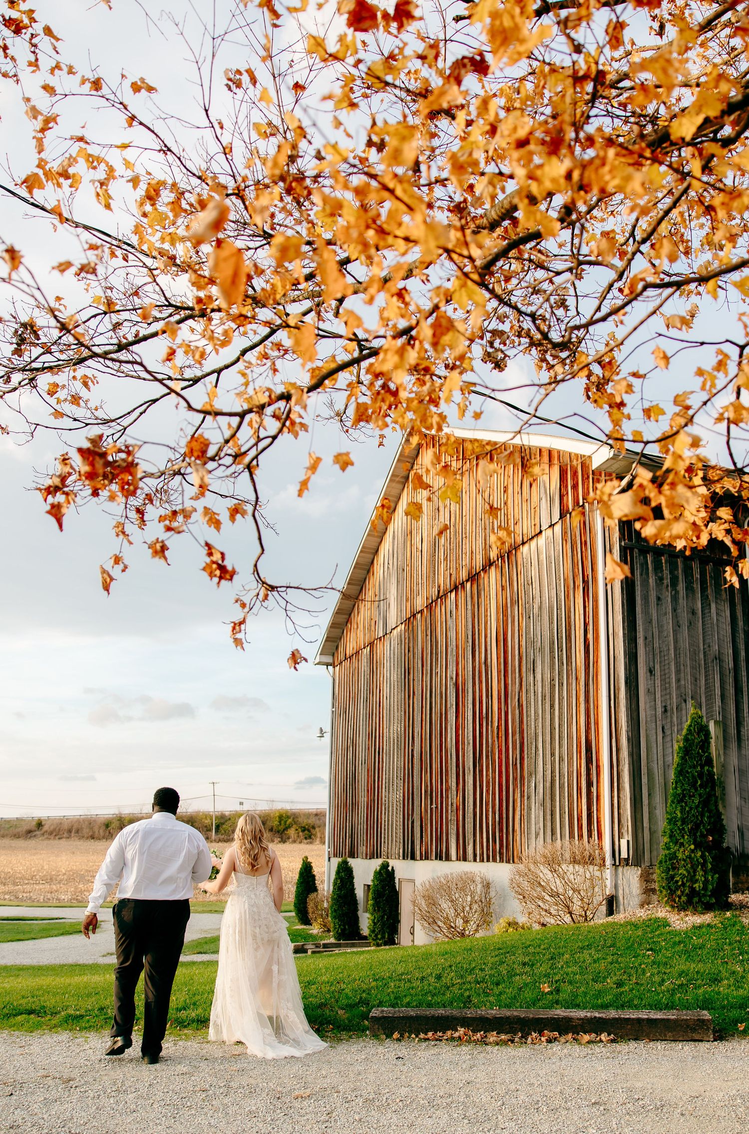 Bride and groom walk hand in hand toward a rustic barn surrounded by vibrant autumn foliage at golden hour.