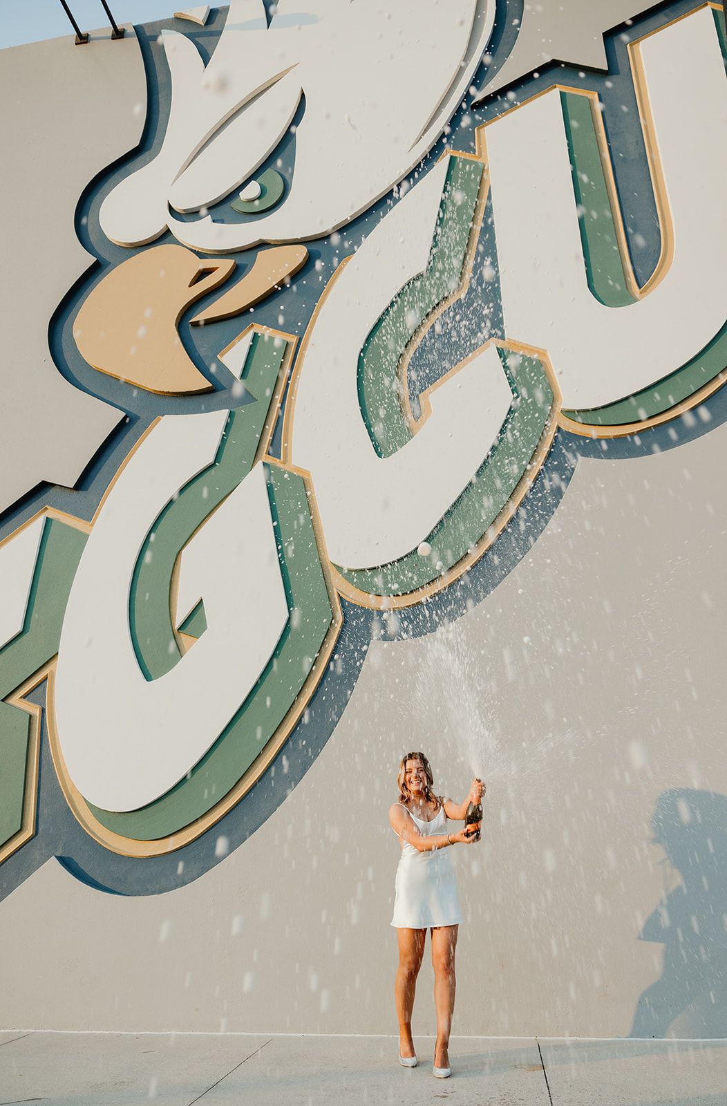 A figure stands in front of a large decorative wall mural with stylized text design elements in teal and beige colors.