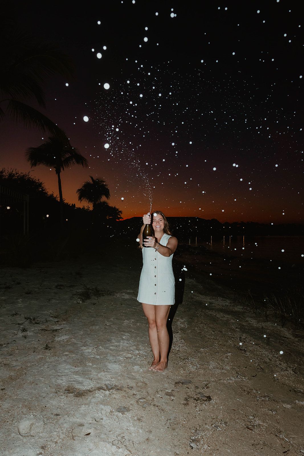 Starry night beach scene with silhouettes against a dark sky.