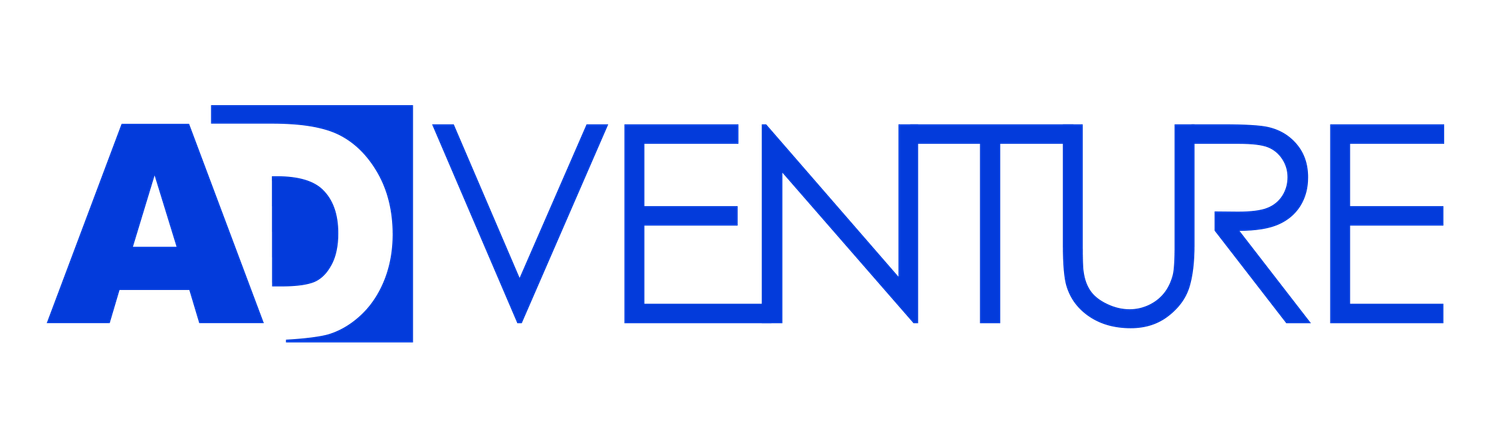 Adventure company logo featuring bold blue text with a stylized AD monogram block design.