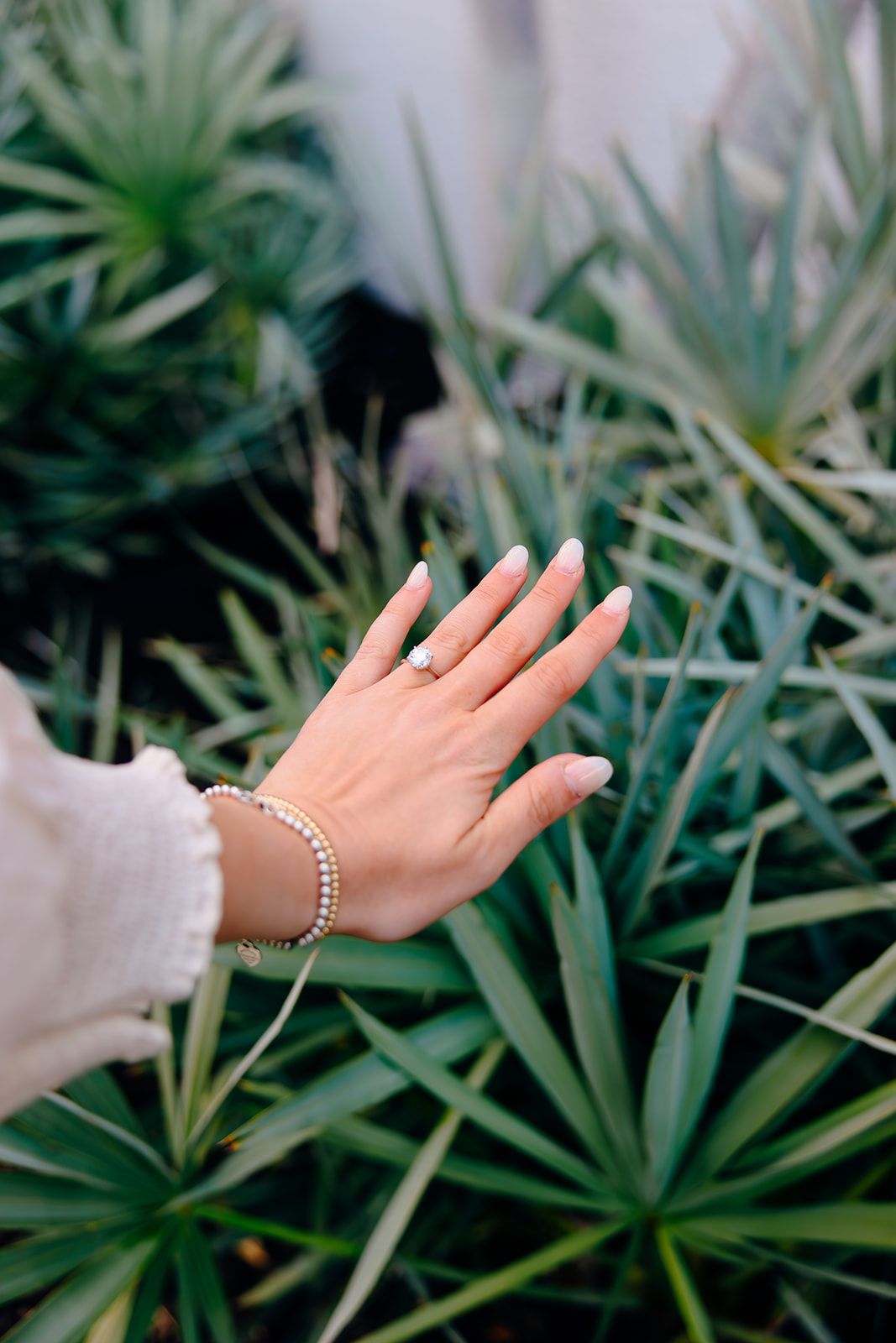 Close-up of a womans hand with French manicure, diamond ring, and pearl bracelet among green tropical plants.