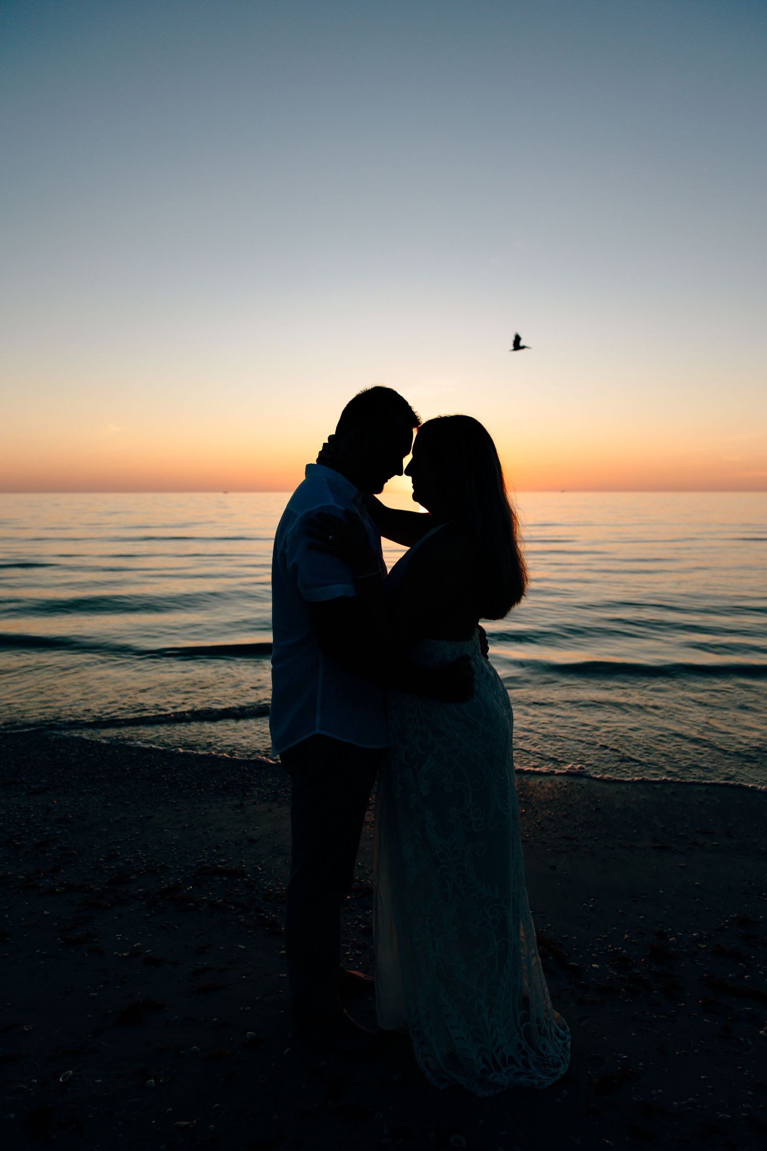 Romantic silhouette of a couple embracing on a beach at sunset with a bird flying over the calm ocean.