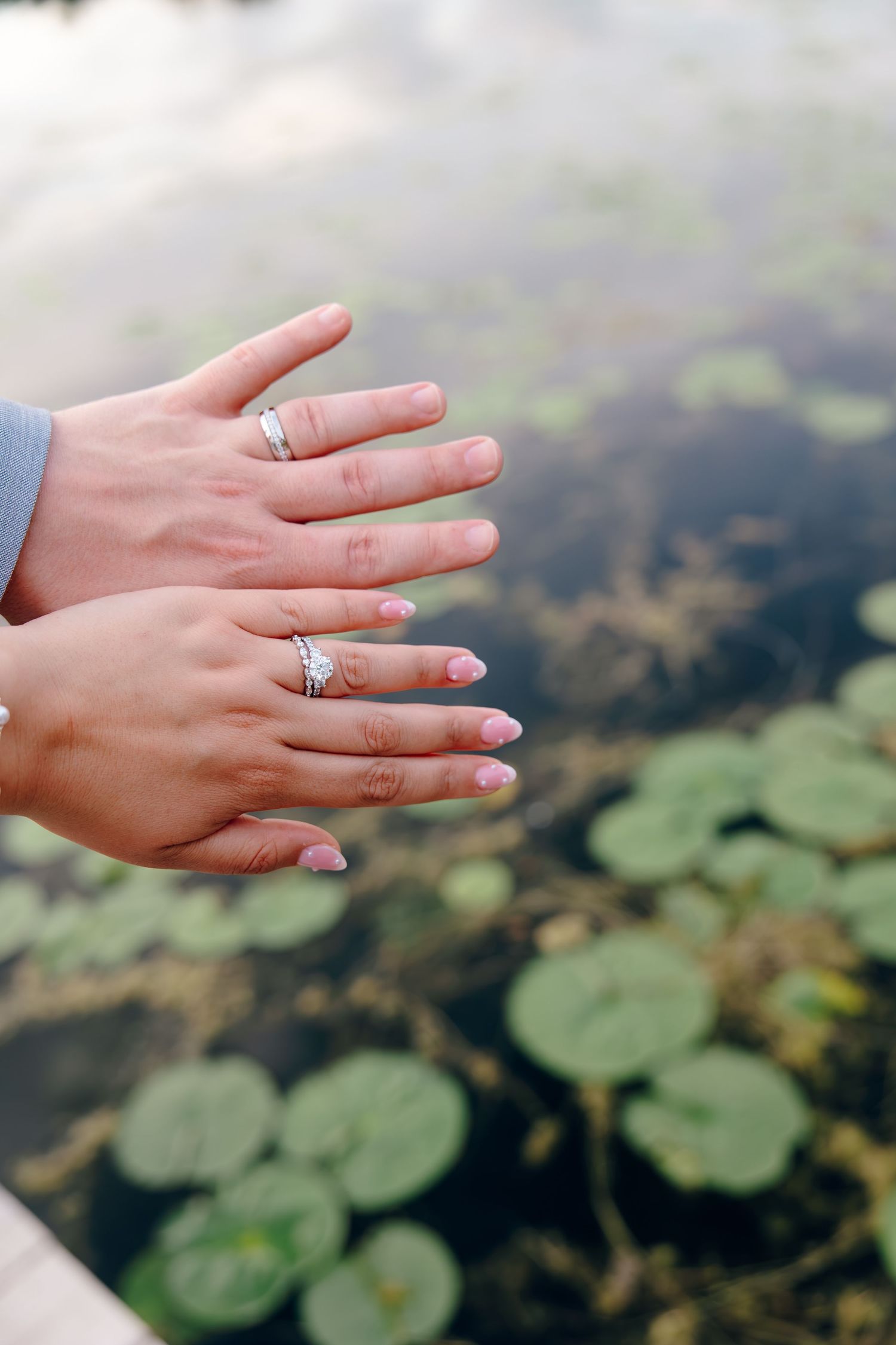 Two hands displaying elegant diamond engagement rings over a serene lily pad pond.