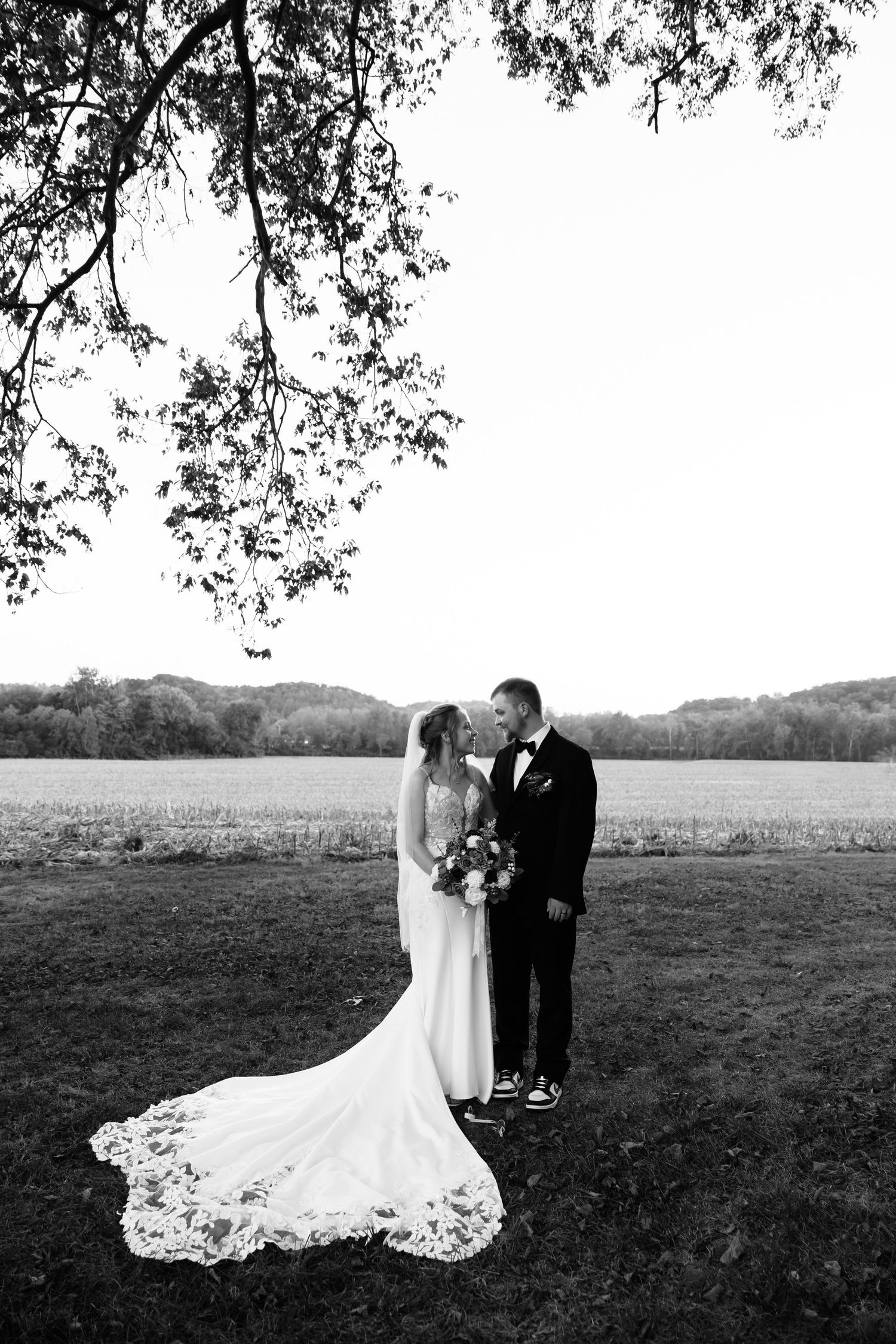 Black and white wedding photo of bride and groom kissing under a tree by a field.