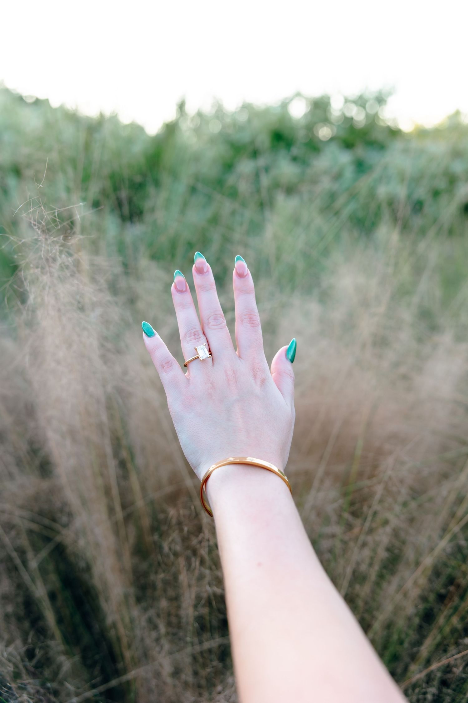 A hand with colorful teal nails wearing a gold ring and bracelet, raised against a natural grassy field background.