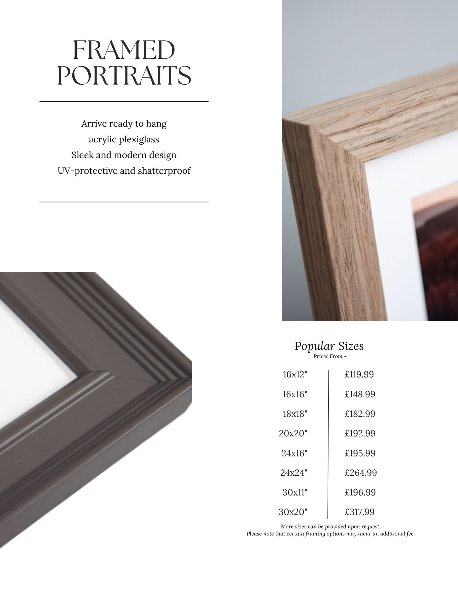 Framed portrait prints with acrylic plexiglass in sleek modern frames, UV-protective and shatterproof, available in popular sizes.