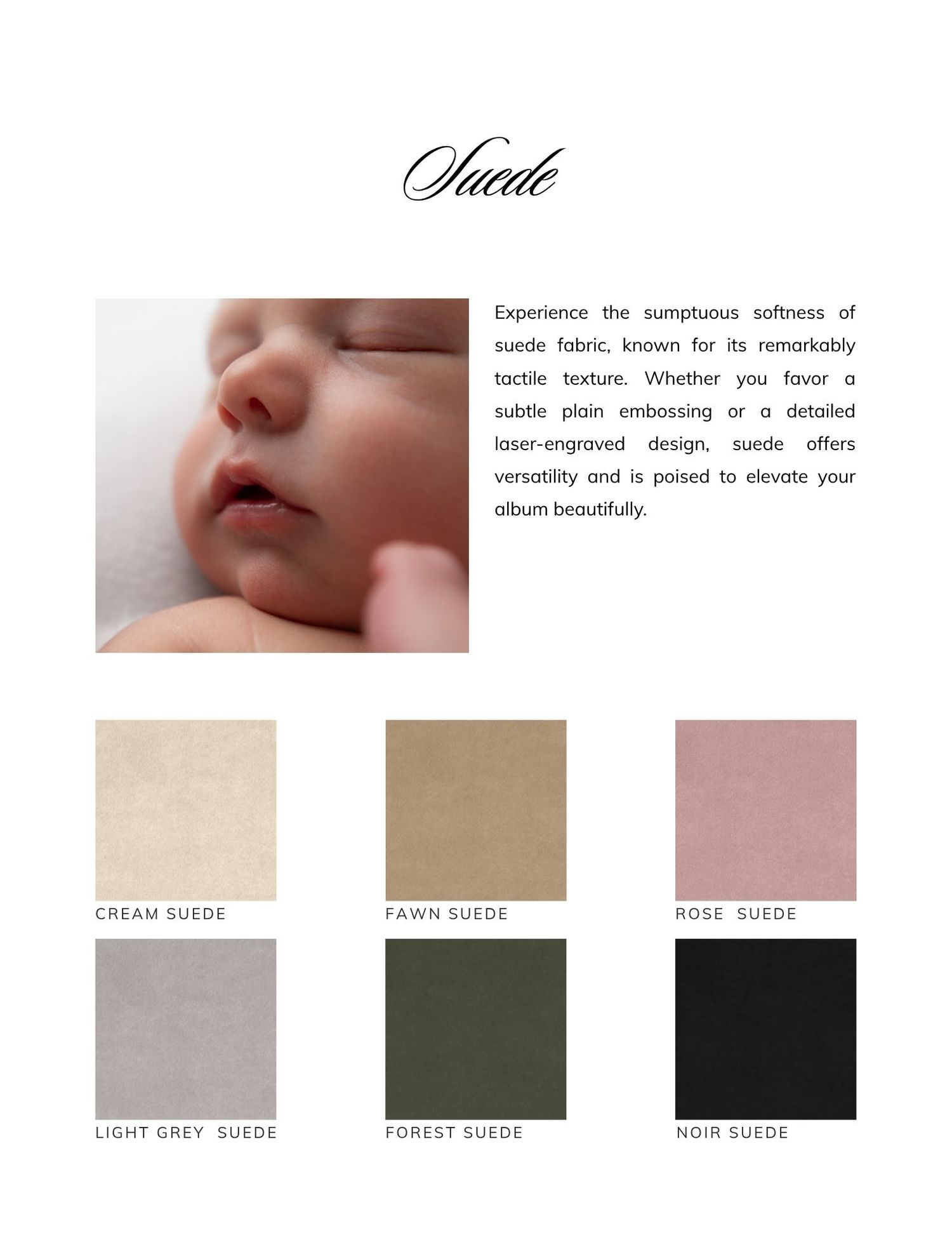Suede fabric swatches in cream, fawn, rose, light grey, forest, and noir colors for luxury newborn photo albums.