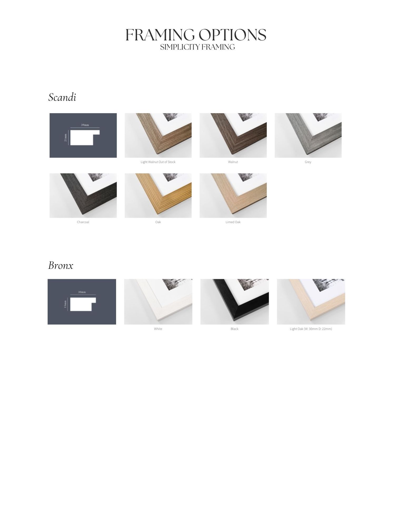 Framing options chart showing Scandi and Bronx style picture frames in various colors including white, black, gold, and natural wood.
