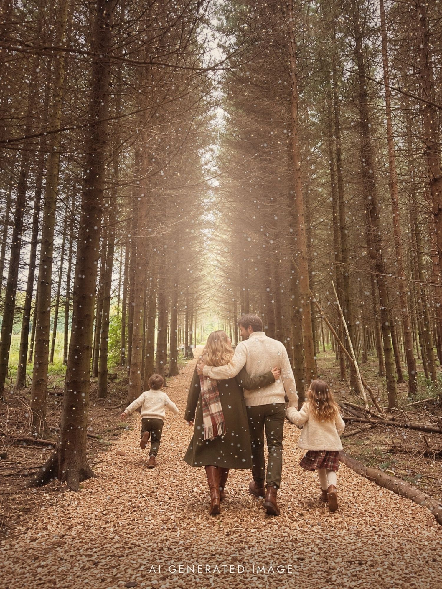 AI-generated image of a family walking through a tall pine forest on a leaf-covered path with soft glowing light ahead.