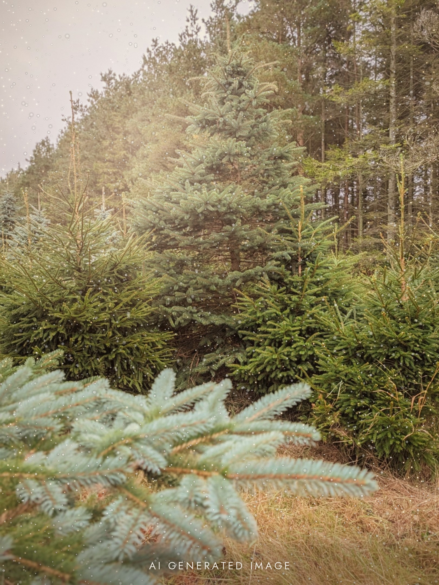 AI-generated image of a lush evergreen forest with blue spruce and fir trees in soft, hazy natural light.