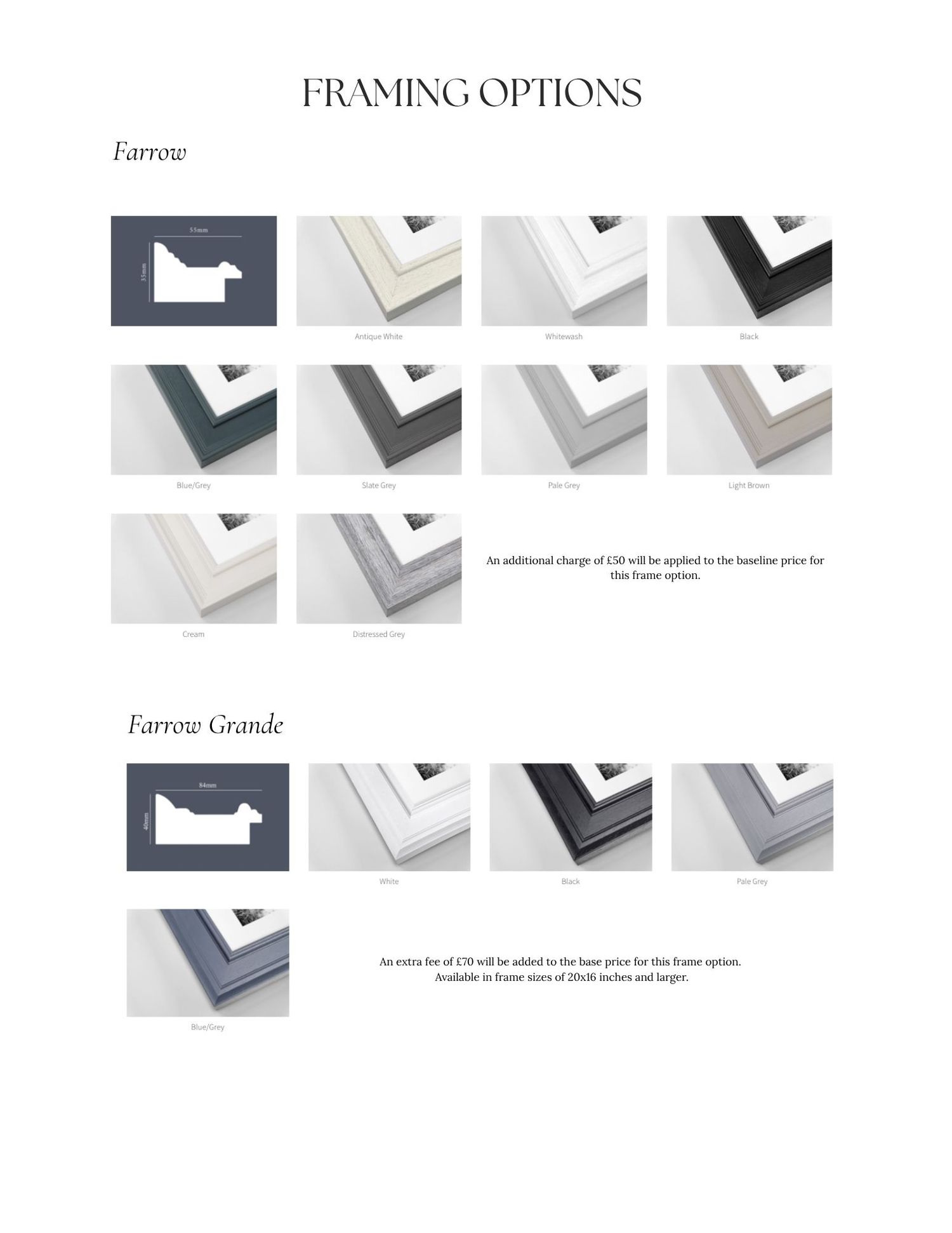 Framing options chart showing Farrow and Farrow Grande picture frame styles in various colors including navy, white, and gray.