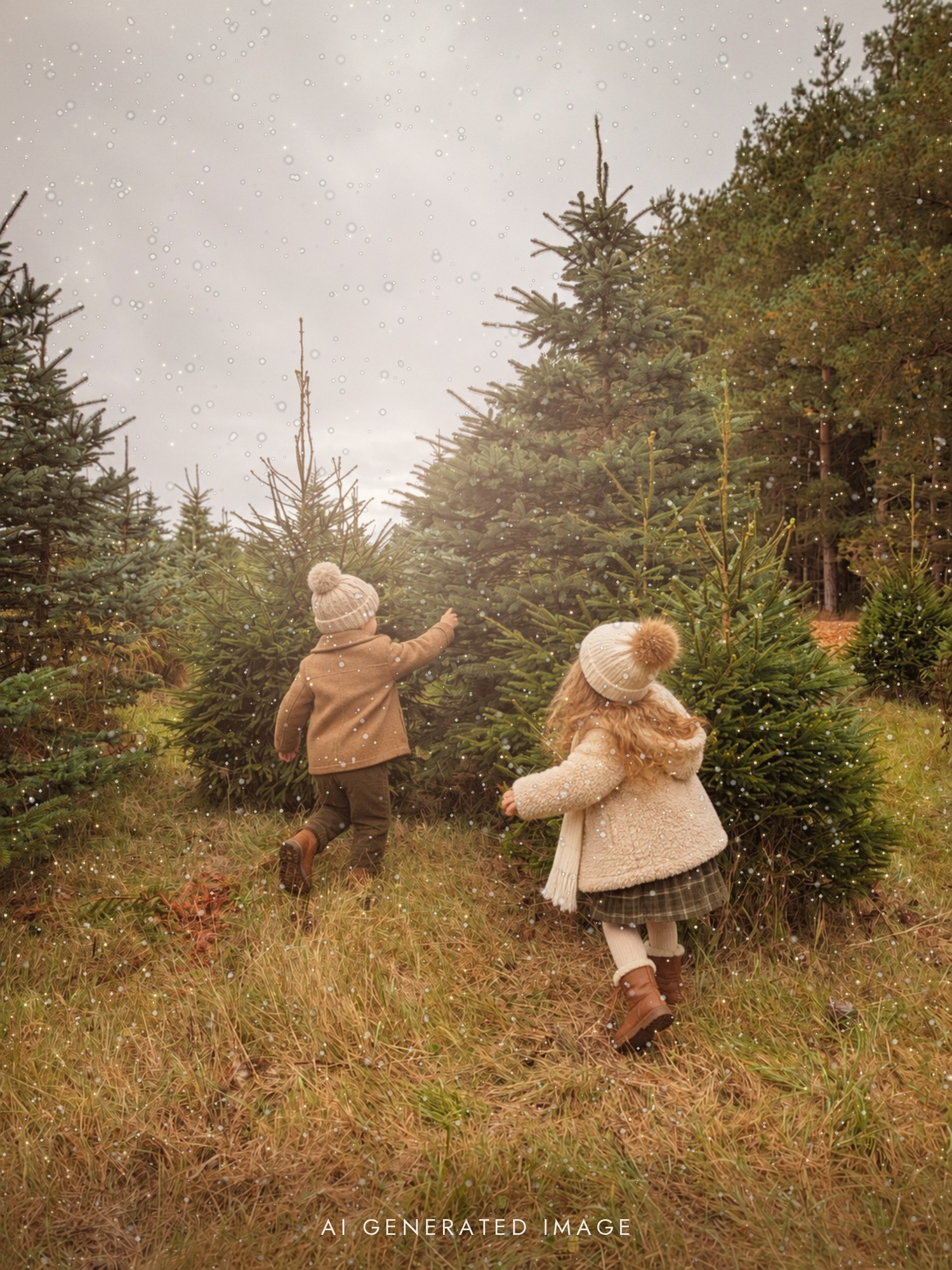 Two children in winter coats and knit hats run through a snowy Christmas tree farm surrounded by evergreen trees.