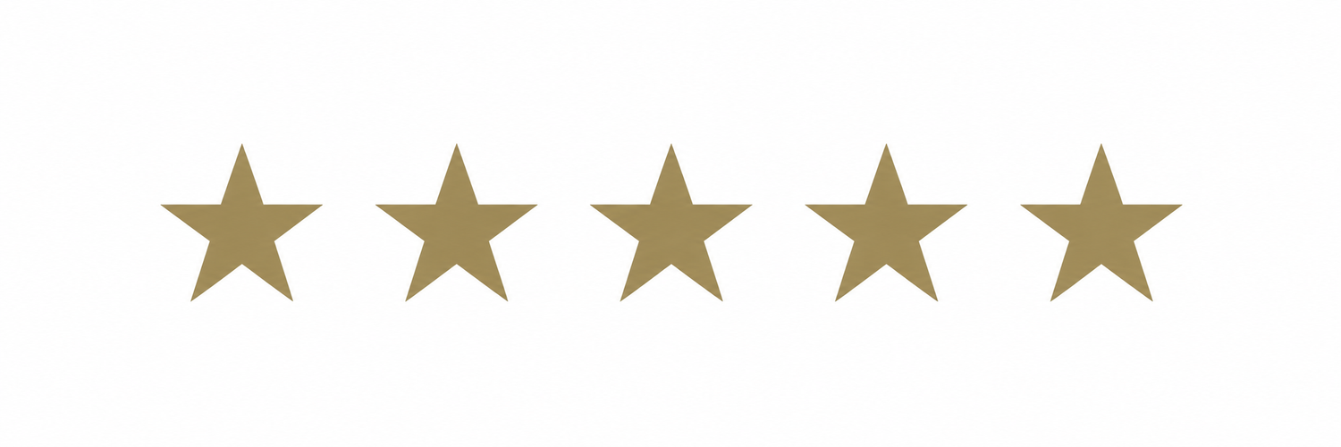 Five golden stars in a row on a white background, representing a perfect five-star rating or review.
