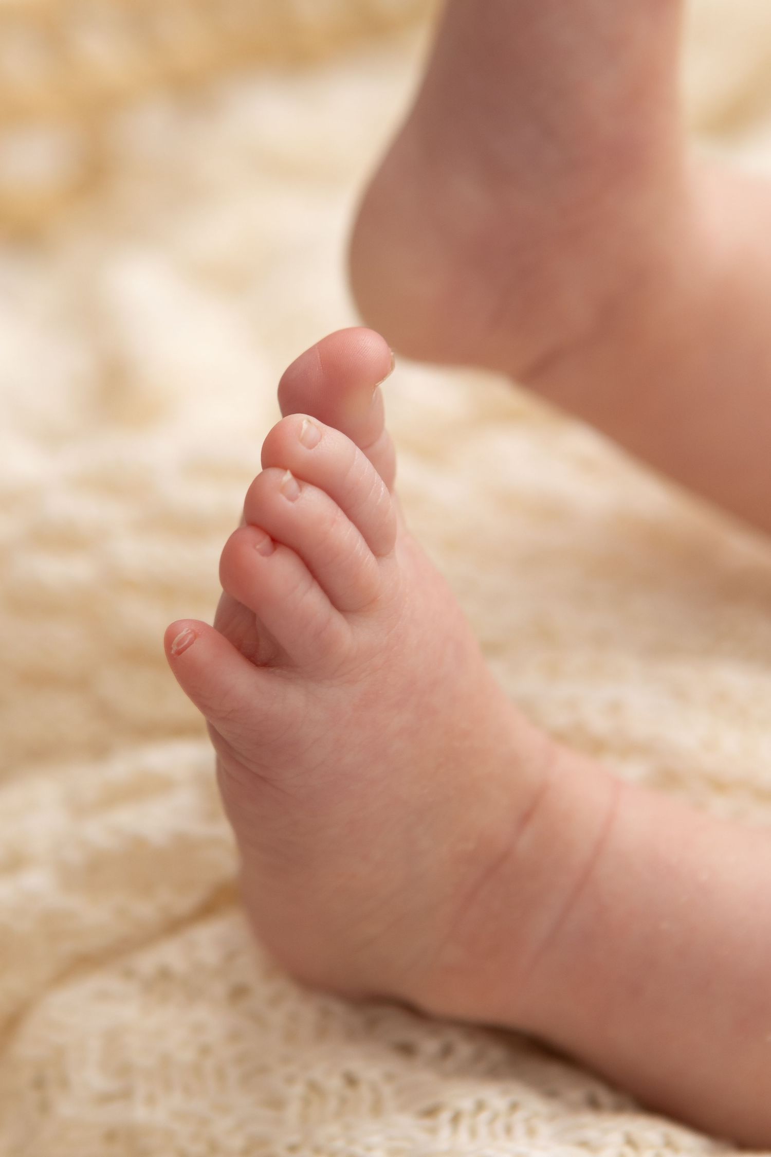 Close-up of tiny newborn baby feet resting on a soft cream knitted blanket.