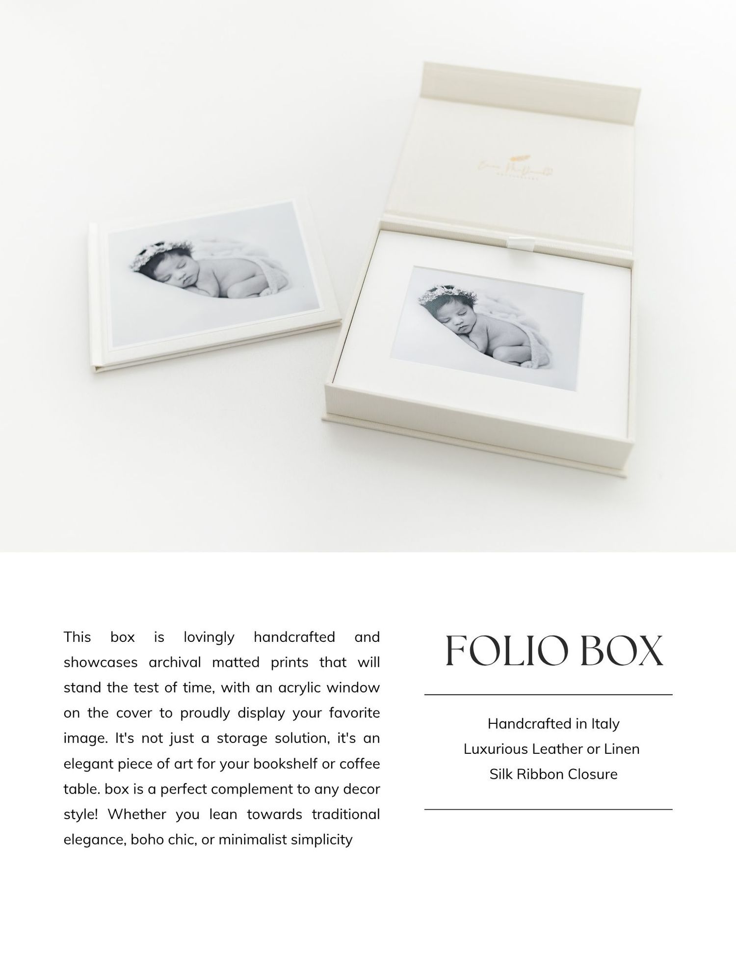 Elegant handcrafted Italian folio box with silk ribbon closure displaying a matted newborn photo print on a white surface.