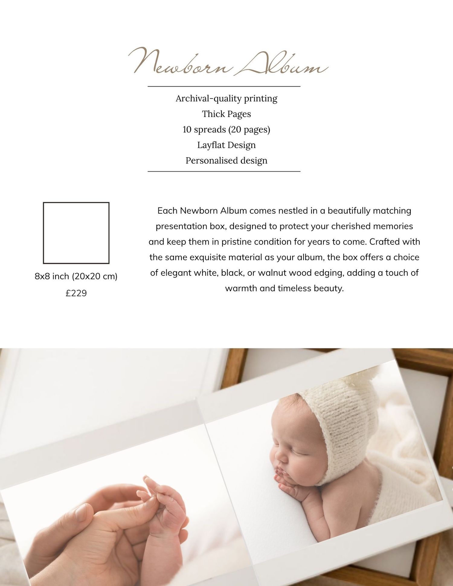 Elegant newborn album with archival-quality printing, thick pages, and personalized layflat design, displayed with a sleeping baby photo.