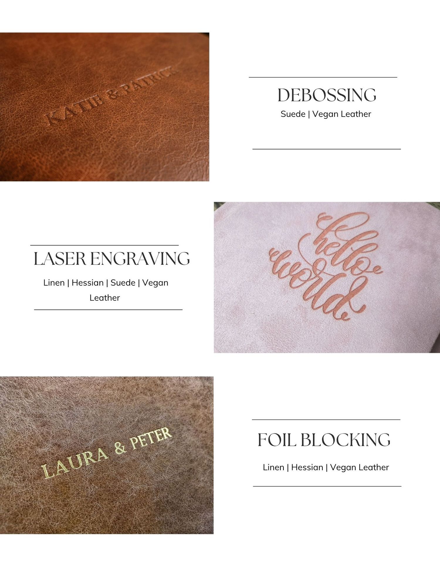 Leather customization options showing debossing, laser engraving, and foil blocking techniques on suede, linen, hessian, and vegan leather.