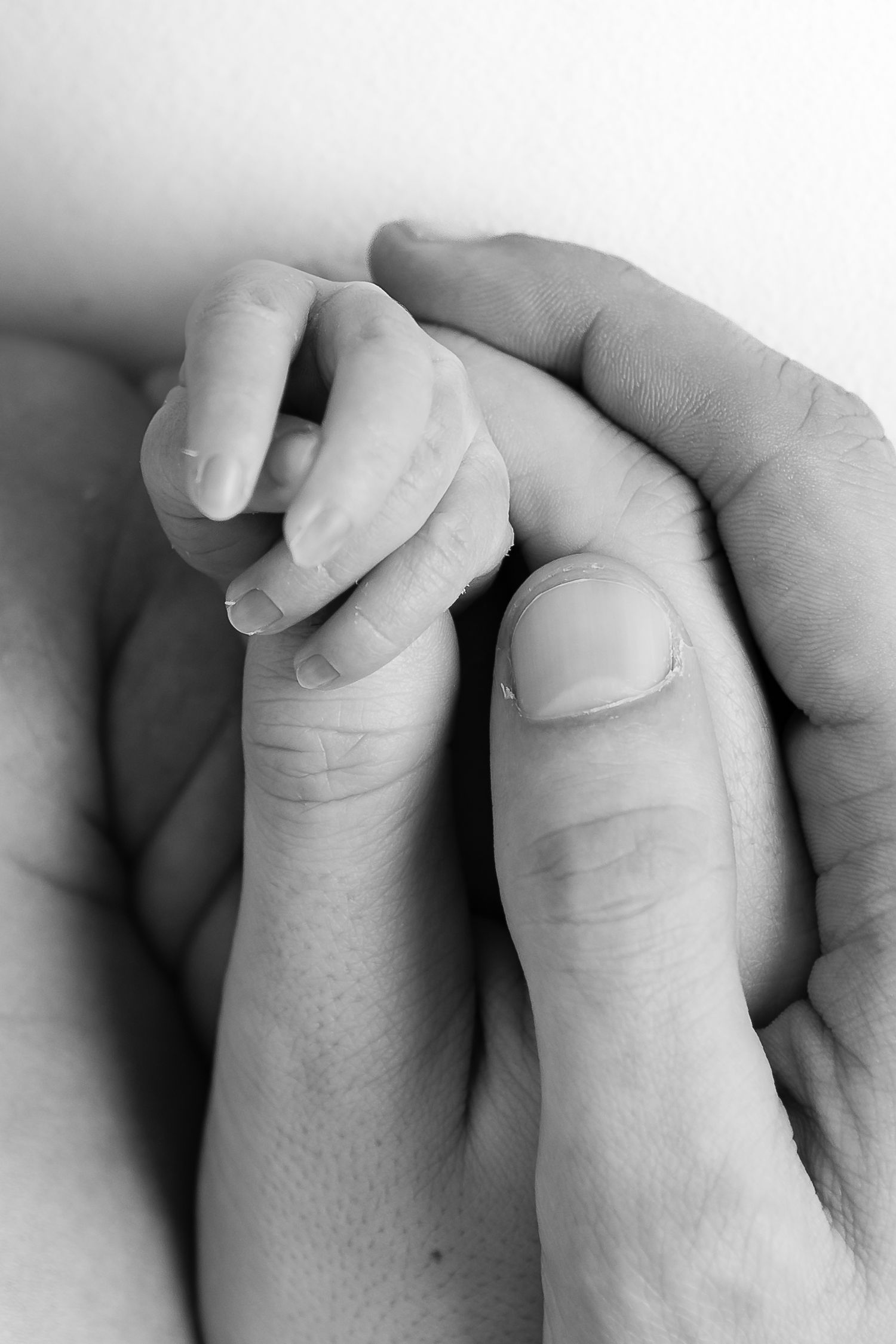 Close-up black and white detail shots of tiny newborn baby fingers.