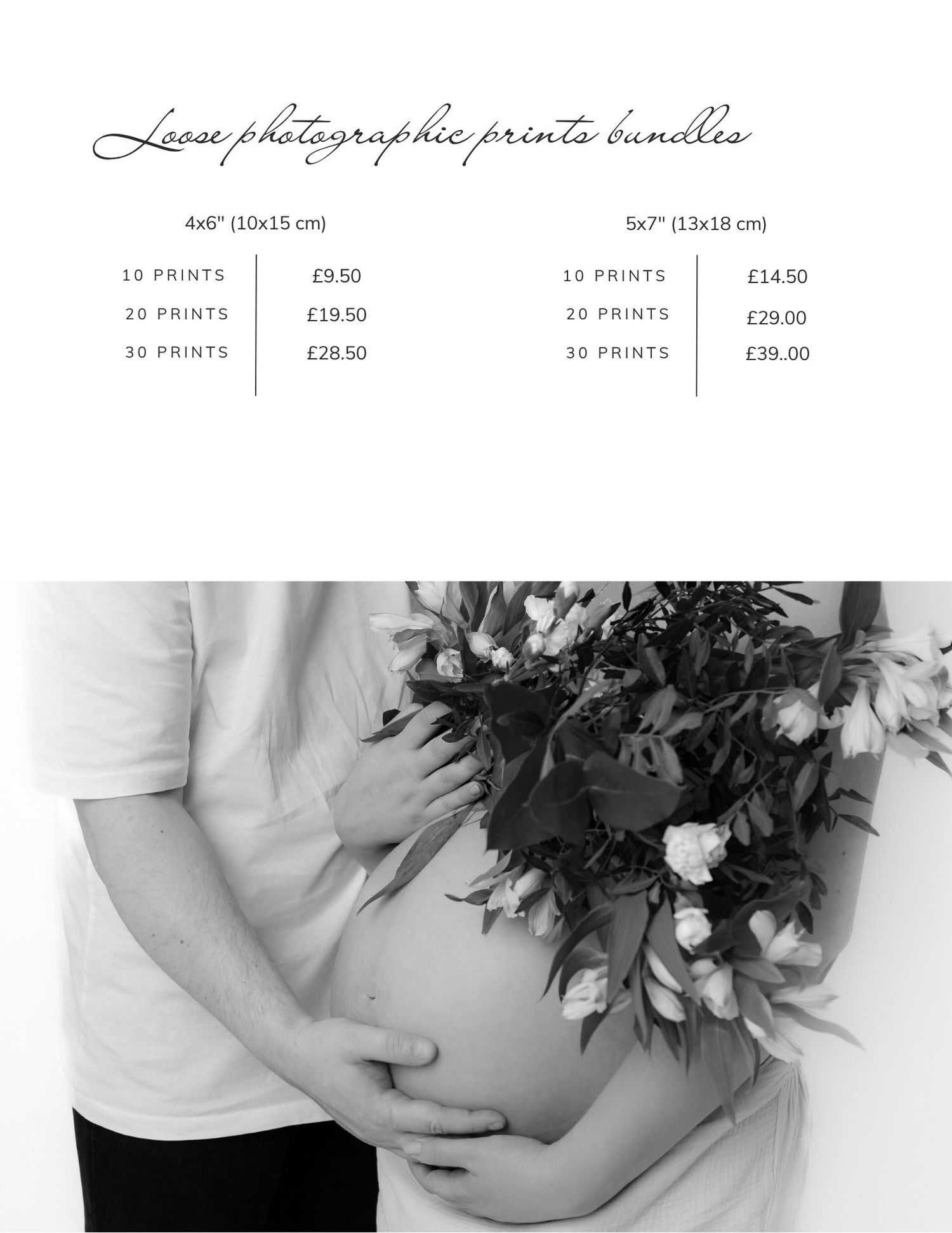 A black-and-white price list for loose photographic print bundles, with a maternity couple photo below.