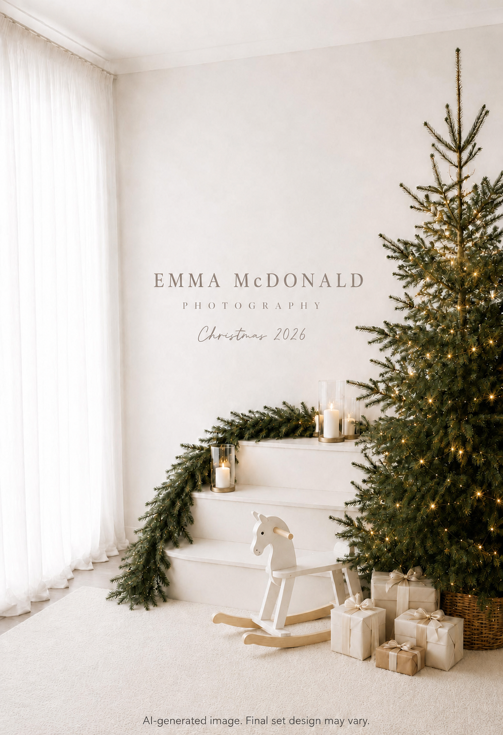 Elegant white Christmas studio with decorated tree, garland, candles, wrapped gifts, and a wooden rocking horse for holiday photography.
