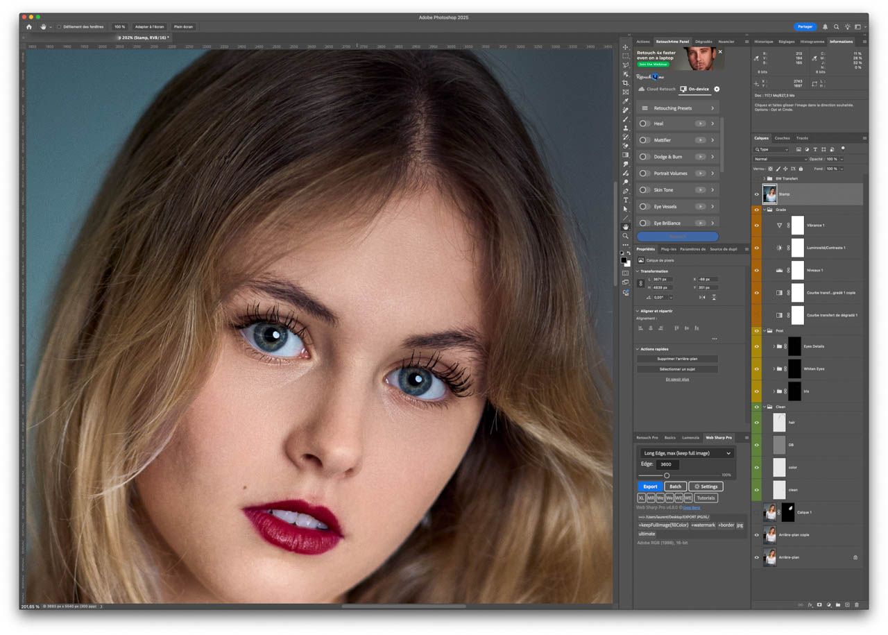 Formation photoshop retouche avancée Yvelines: Capture d'écran d'une structure de workflow, des calques pour une retouche de photo portrait
