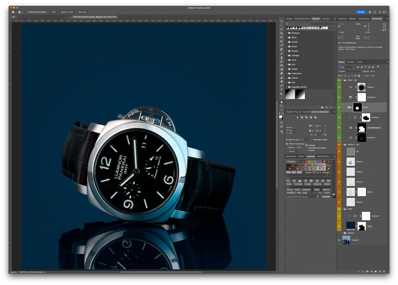 Formation photoshop retouche avancée Yvelines: Capture d'écran d'une structure de workflow, des calques pour une retouche photo de produit