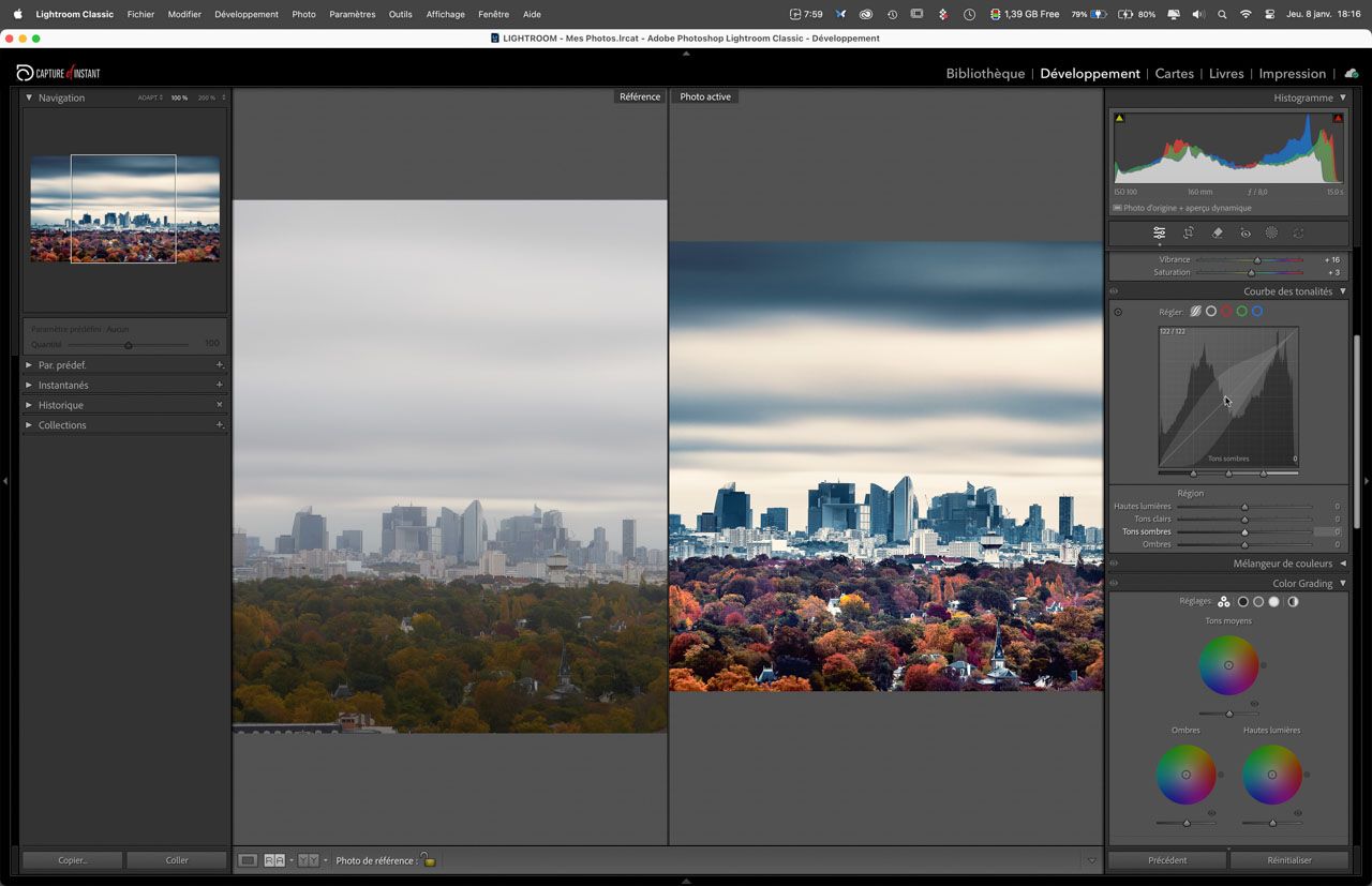 Stage Perfectionnement Photo Yvelines : Capture d'écran développement Lightroom comparaison avant et après retouche