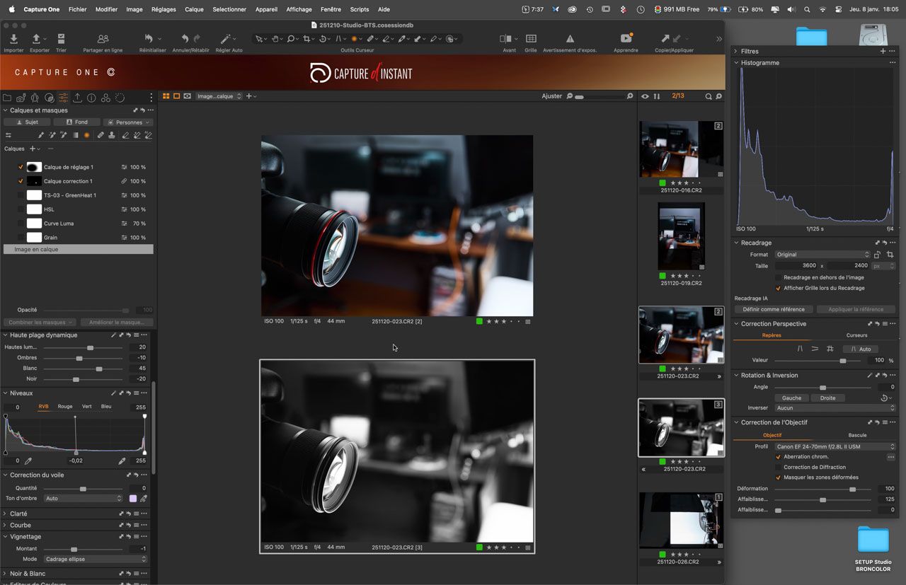 Stage Perfectionnement Photo Yvelines : Capture d'écran développement Captureone - comparaison couleur - noir et blanc
