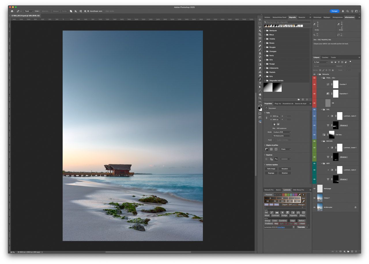 Formation photoshop retouche avancée Yvelines: Capture d'écran d'une structure de workflow, des calques pour une retouche photo de paysage