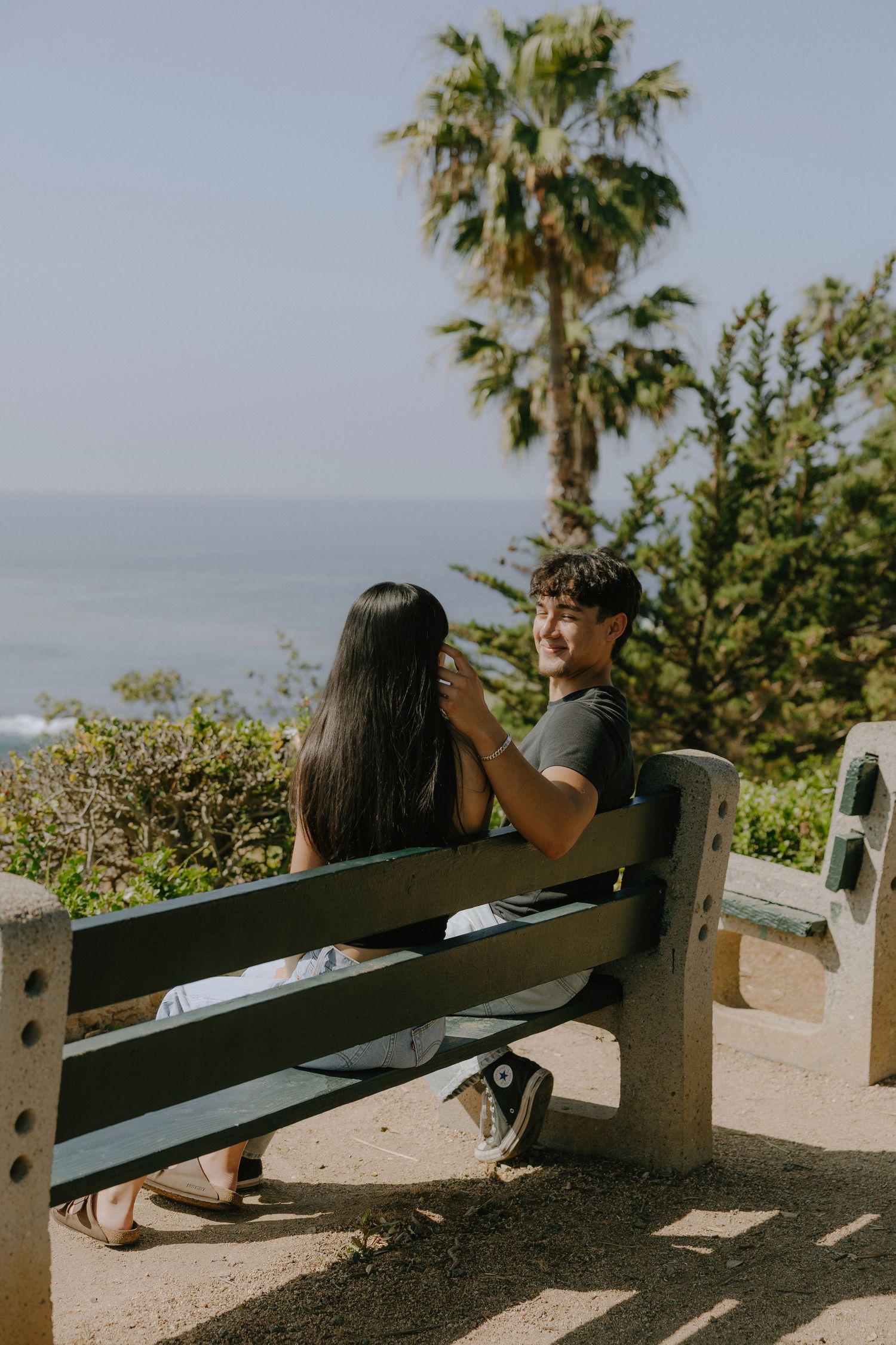 Couple sitting on a bench overlooking the ocean, with a palm tree in the background on a sunny day.