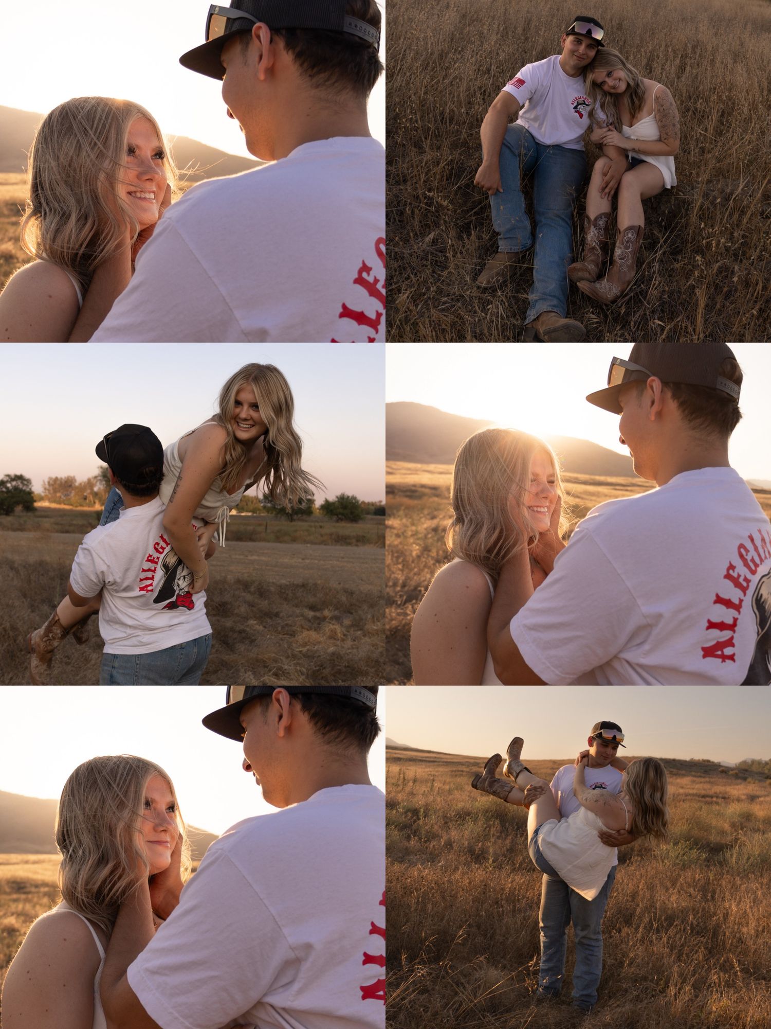 Collage of romantic sunset photos showing playful moments in a rustic field setting.